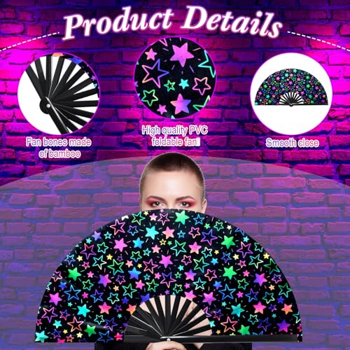 Image of FairySandy Large Rave Fan UV Glow Hand Fan with Holster for Men Women Carnival Gear Disco Party Supplies for Carnival Edm Music Festival Club Accessories Performance(Star,Mixed Color)