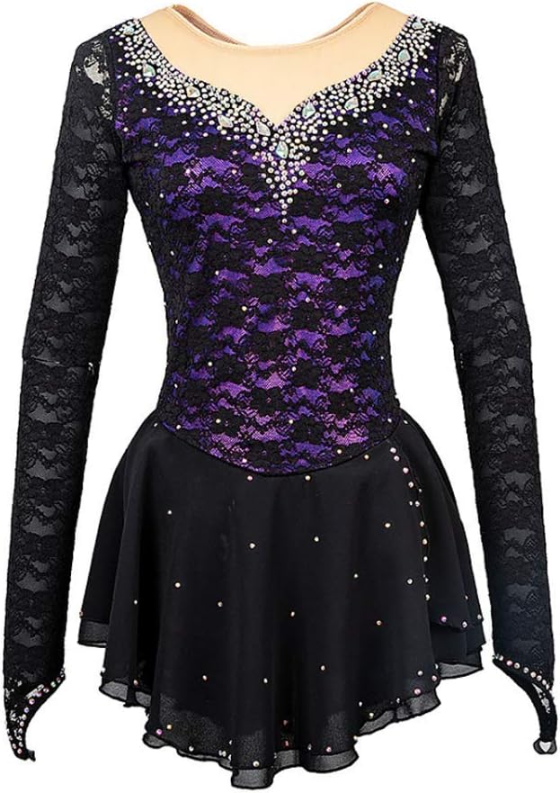 Lace Figure Skating Dress V Neck Ice Dance Gymnastics Competition Suit Skating Leotard Ballet Activewear