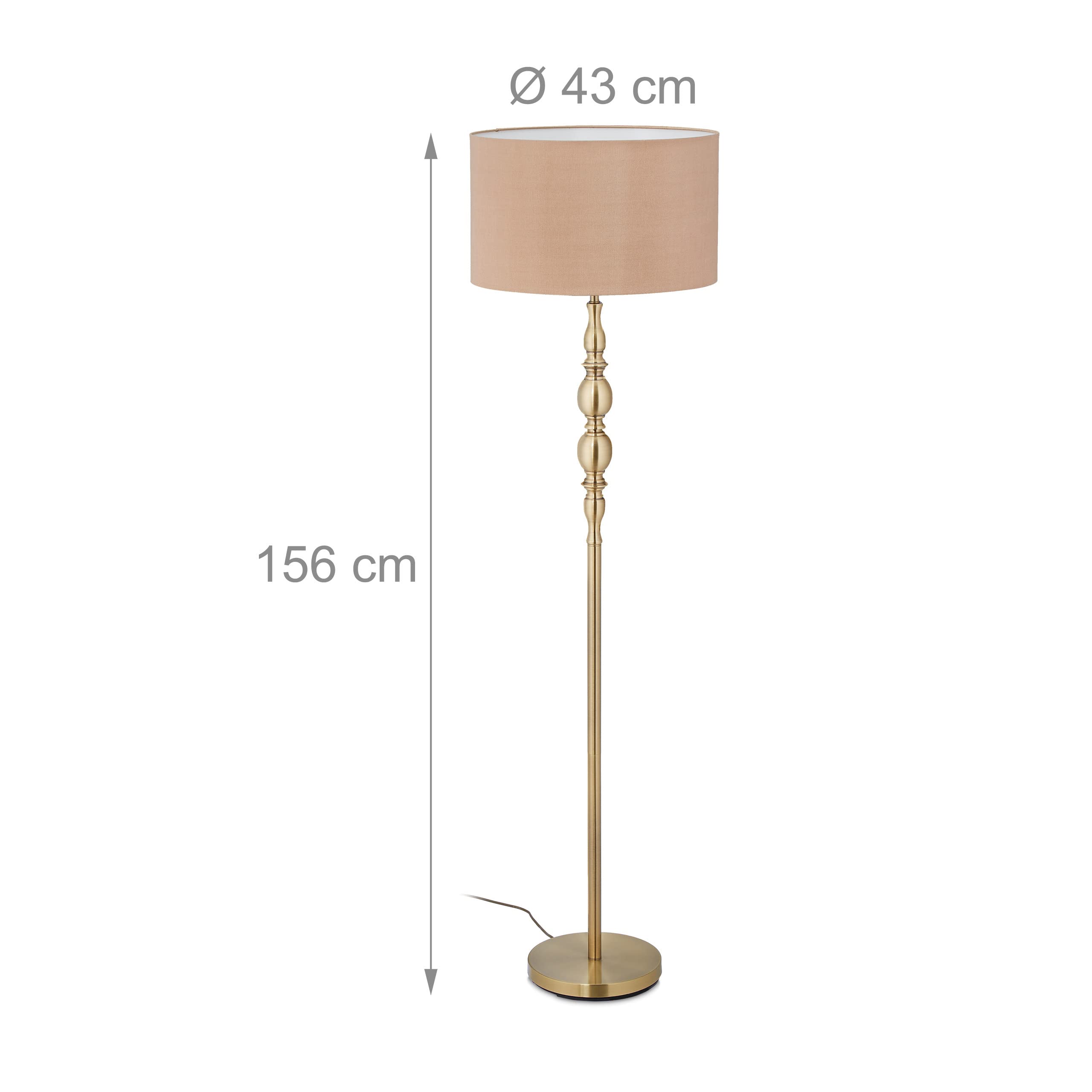 Relaxdays Stehlampe Wohnzimmer, E27, mit Kabel, Stoff Lampenschirm Ø 43 cm, Vintage Stehleuchte 156 cm hoch, beige-gold