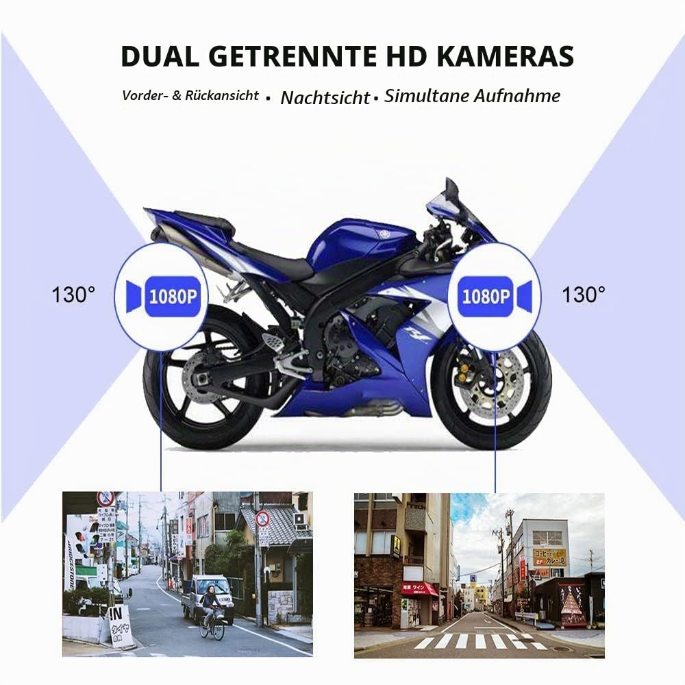 VSYSTO Motorrad-Dashcam 130° Weitwinkelobjektiv, 1080P Dual-Kameras Vorne und Hinten, Kein Bildschirm, WiFi, Nachtsicht, G-Sensor, Loop-Aufnahme (Schwarz-D6RL)