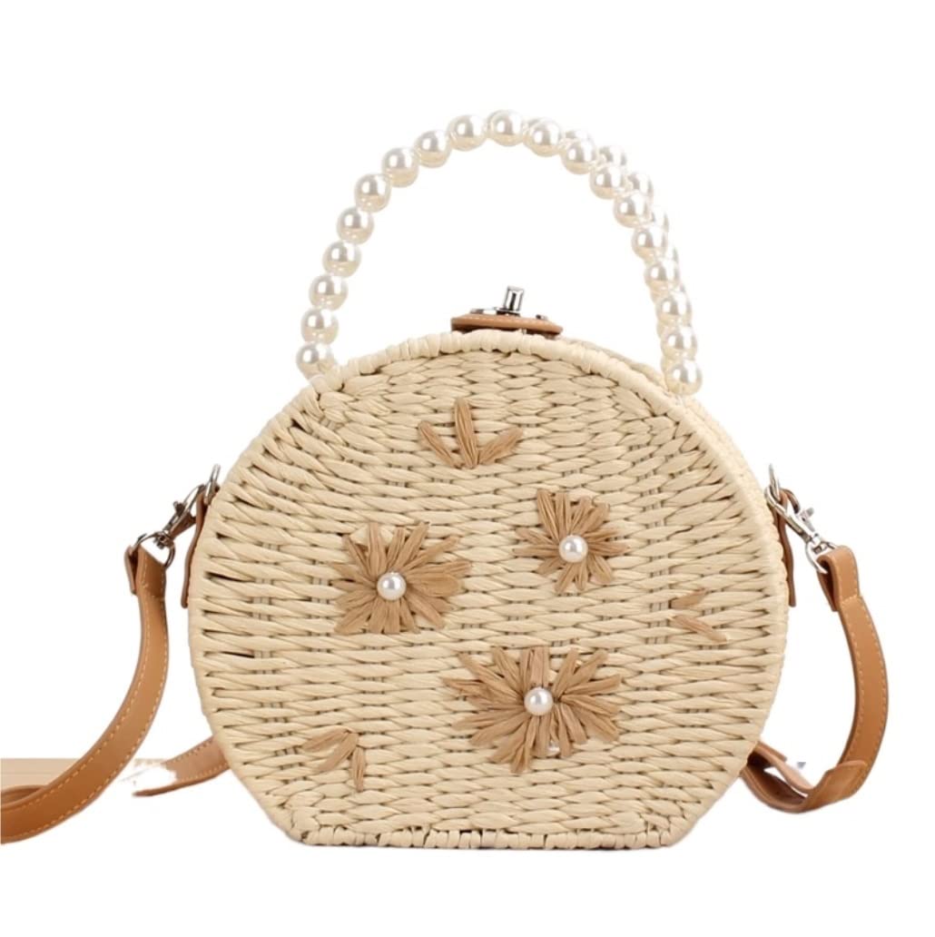Korbtaschen Damen Perle Gewebte Kreisförmige Umhängetaschen Frauen Sommer Handheld Reise Schulter Handtasche Lässig Strand Sommer Strand Geldbörse(Color:A)