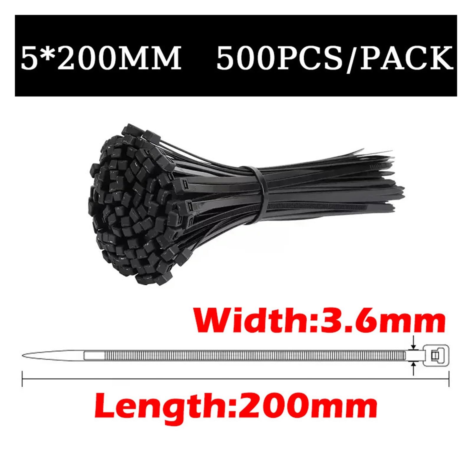 Samoblokująca Plastikowa Nylonowa Opaska Kablowa Czarna Zapinana(3.6x200mm)