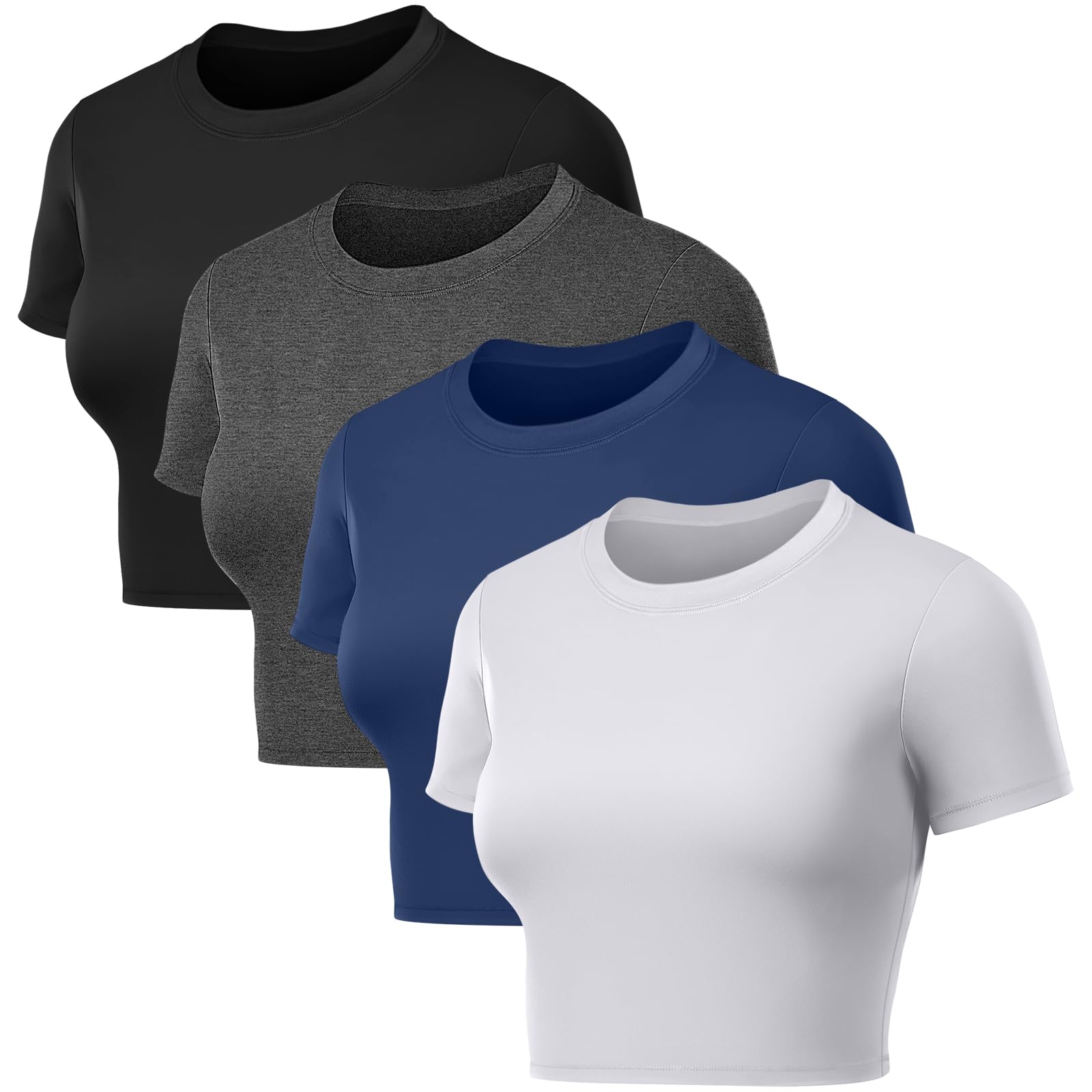 Coume 4 Pack Women's Compression Crop Tops Quick Dry Short Sleeve T Shirt Crew Neck Workout Athletic Shirt Yoga Tight Basic