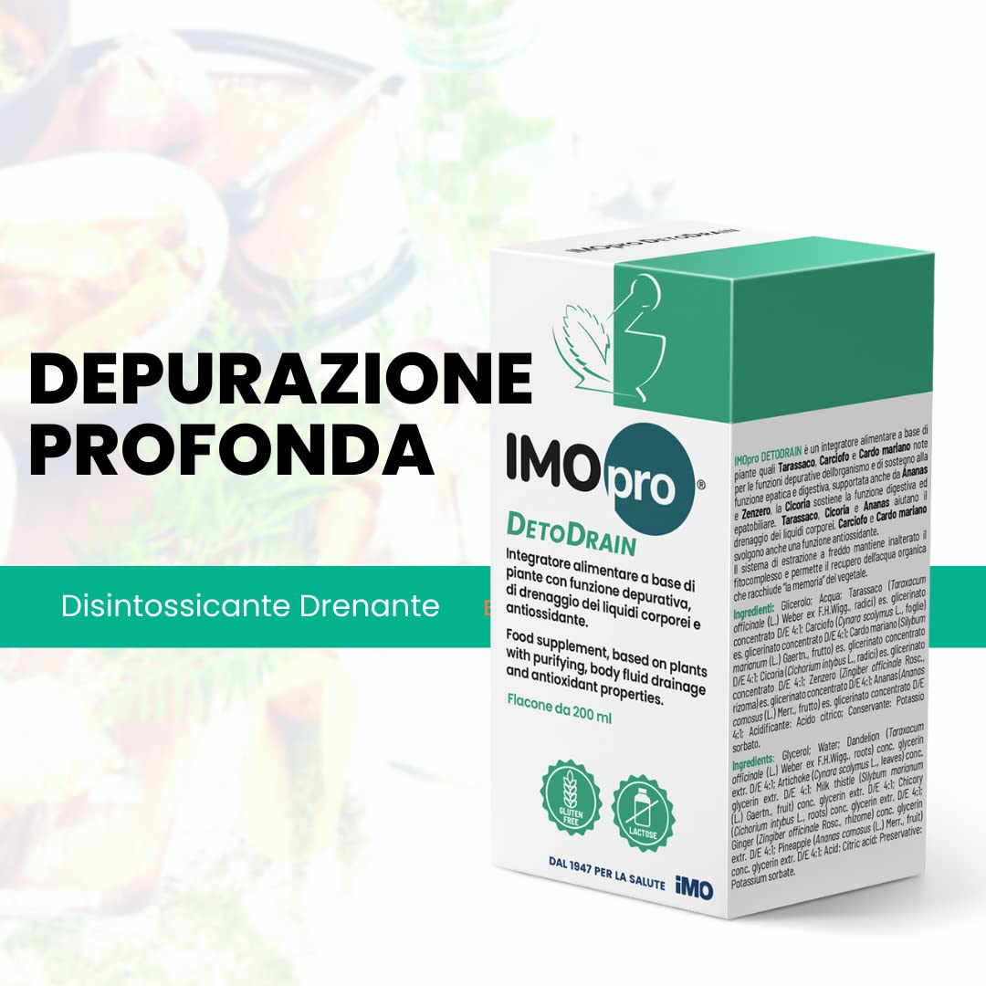 IMOpro DETODRAIN 200 ml Flacone - Integratore Alimentare a Base di Piante con Funzione Depurativa, di Drenaggio dei Liquidi e Antiossidante.
