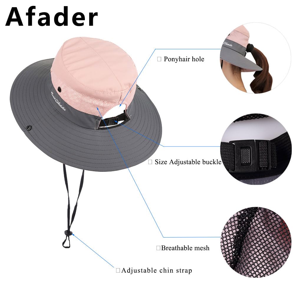 Sombrero de sol de senderismo para mujer, protección UV, para viajes, exteriores, plegable, con agujero para cola de caballo, Rosado 5