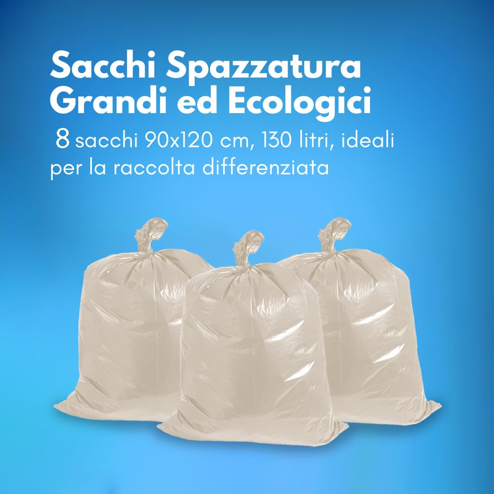 GM 80 Sacchi Ambra Trasparenti Grandi Resistenti misura 90x120 cm in Plastica HDPE, 130 litri, Sacchetti indifferenziata, Buste spazzatura, Bustoni immondizia condominiali, 8 Rotoli da 10 Buste
