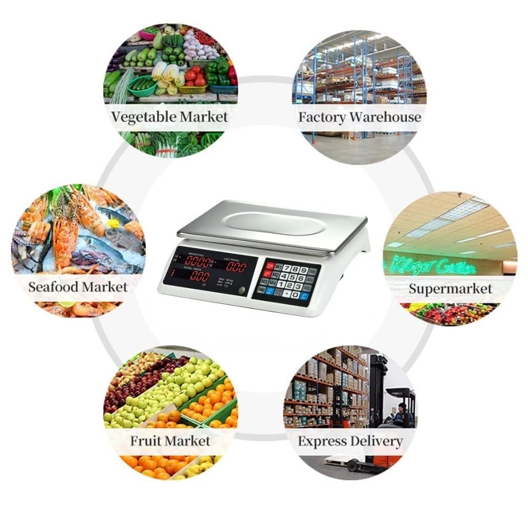Bascula balanza Comercial para Pesar Fruta, verdura Peso 40kg Suma 2 en 1 bateria interna y corriente 220V inalambrica pantalla delantera y trasera