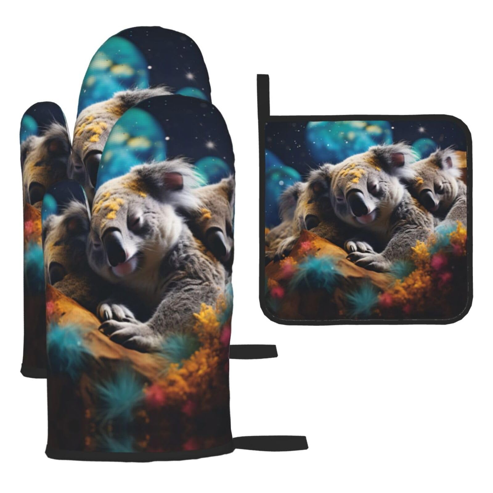 Sleeping koala mother and child Oven mittens and oven mitts three-piece set suitable for oven, grilling, baking, microwave and home cooking.