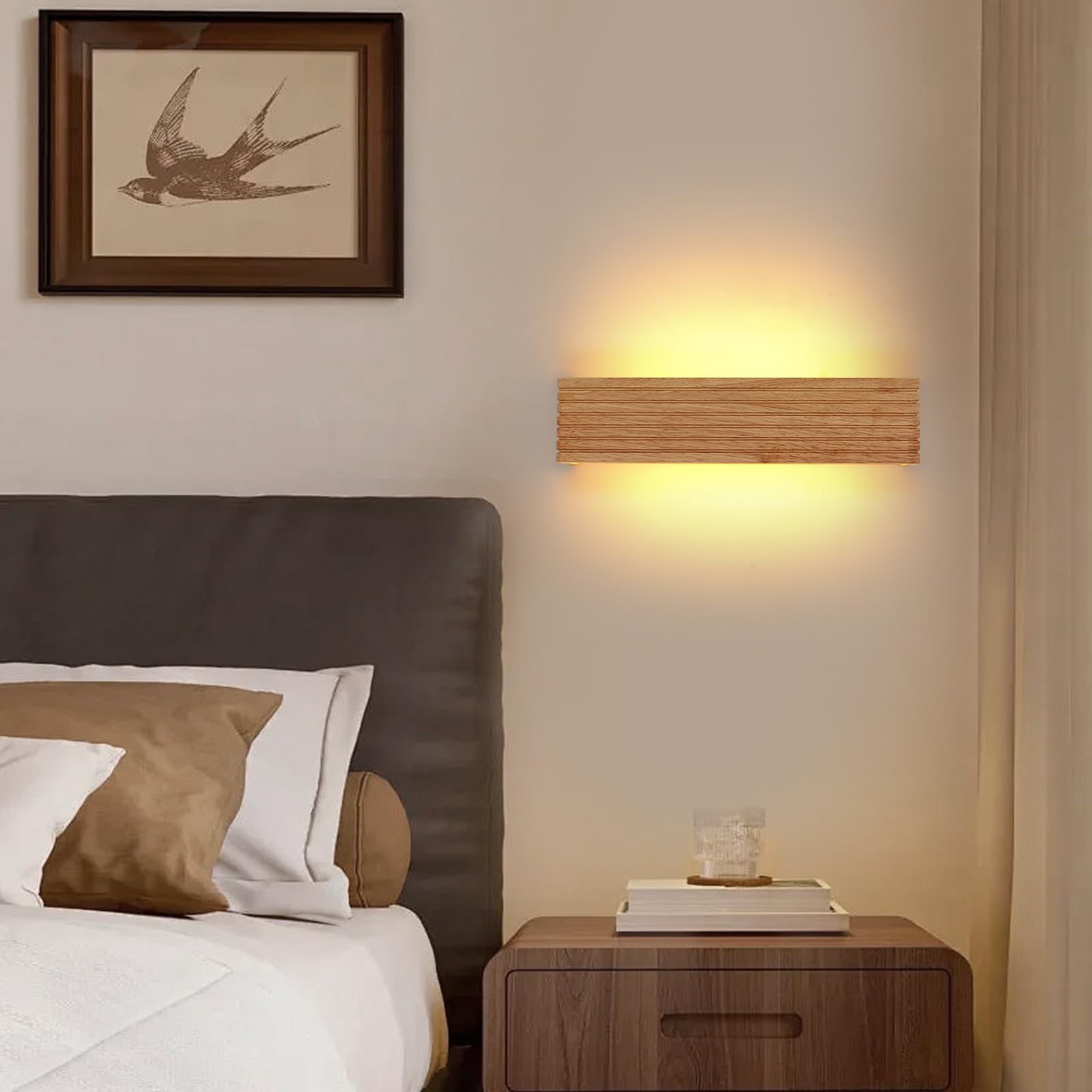 Comely Applique Murale Intérieure Bois, 18W Moderne Lampe Murale LED 3000K Blanc Chaud, Luminaire Mural Interieur pour Chambre Salon Couloir Escalier