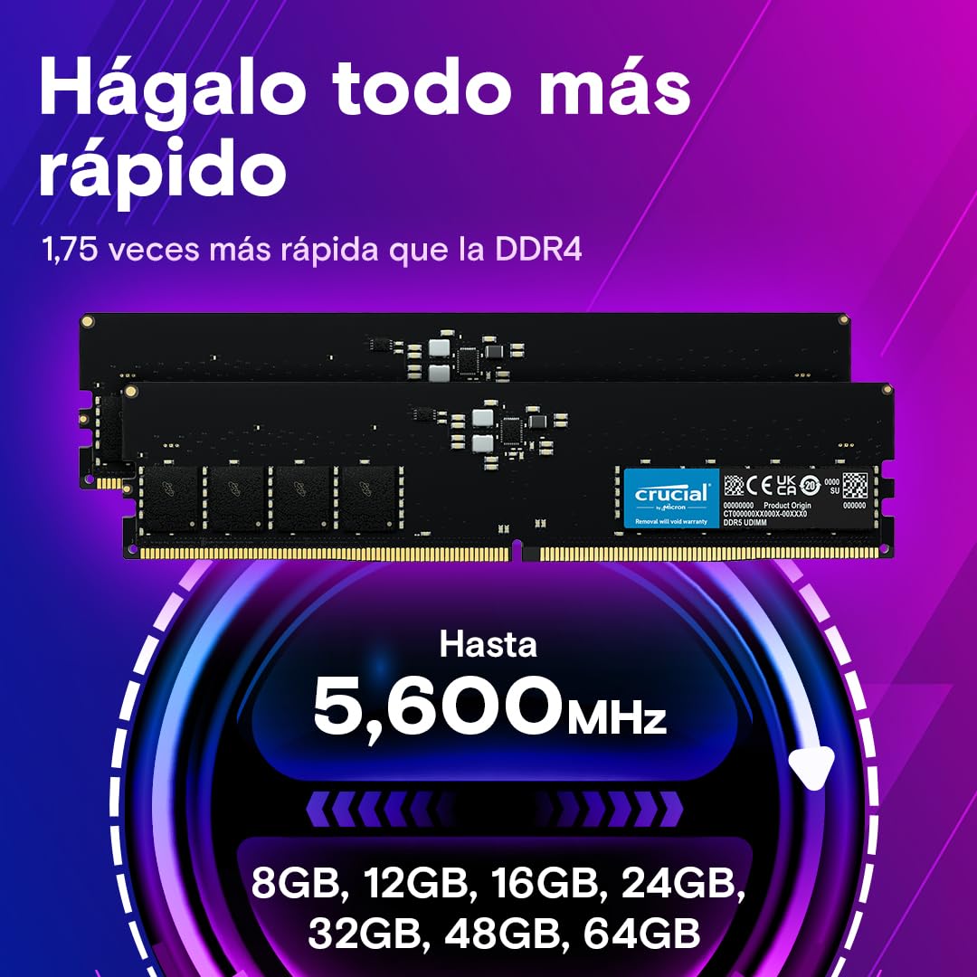 Crucial RAM DDR5 16GB 5600MHz, Memoria PC (o 5200MHz / 4800MHz) CL46 - CT16G56C46U5
