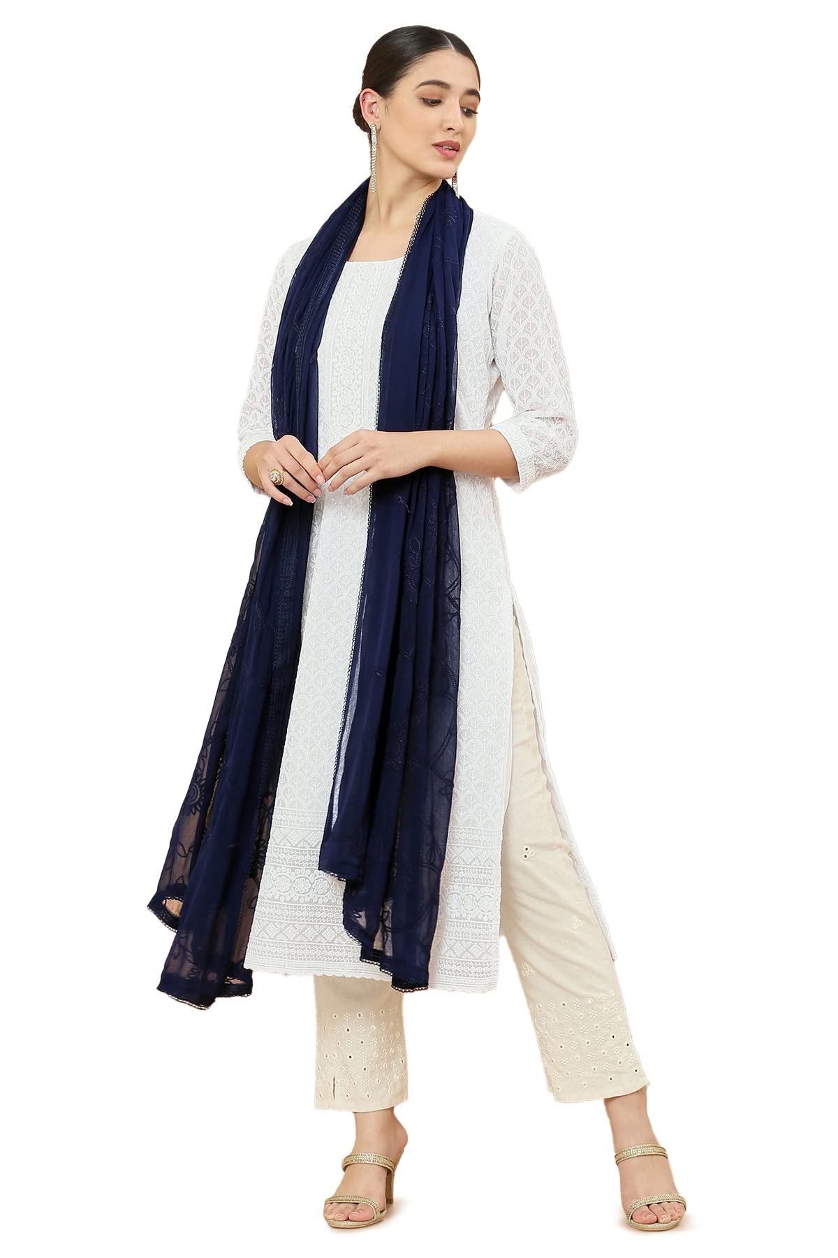 soch Women Dark Blue Chiffon Embroidered Dupatta-picture-14