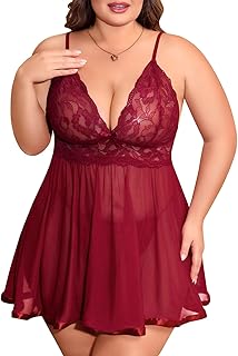 Nuisette Sexy Femme Grande Taille Lingerie Dentelle Babydoll Robe Sensuelle Chemise de Nuit Tenue Hot Ensemble sous Vetement avec String Xl-4XL