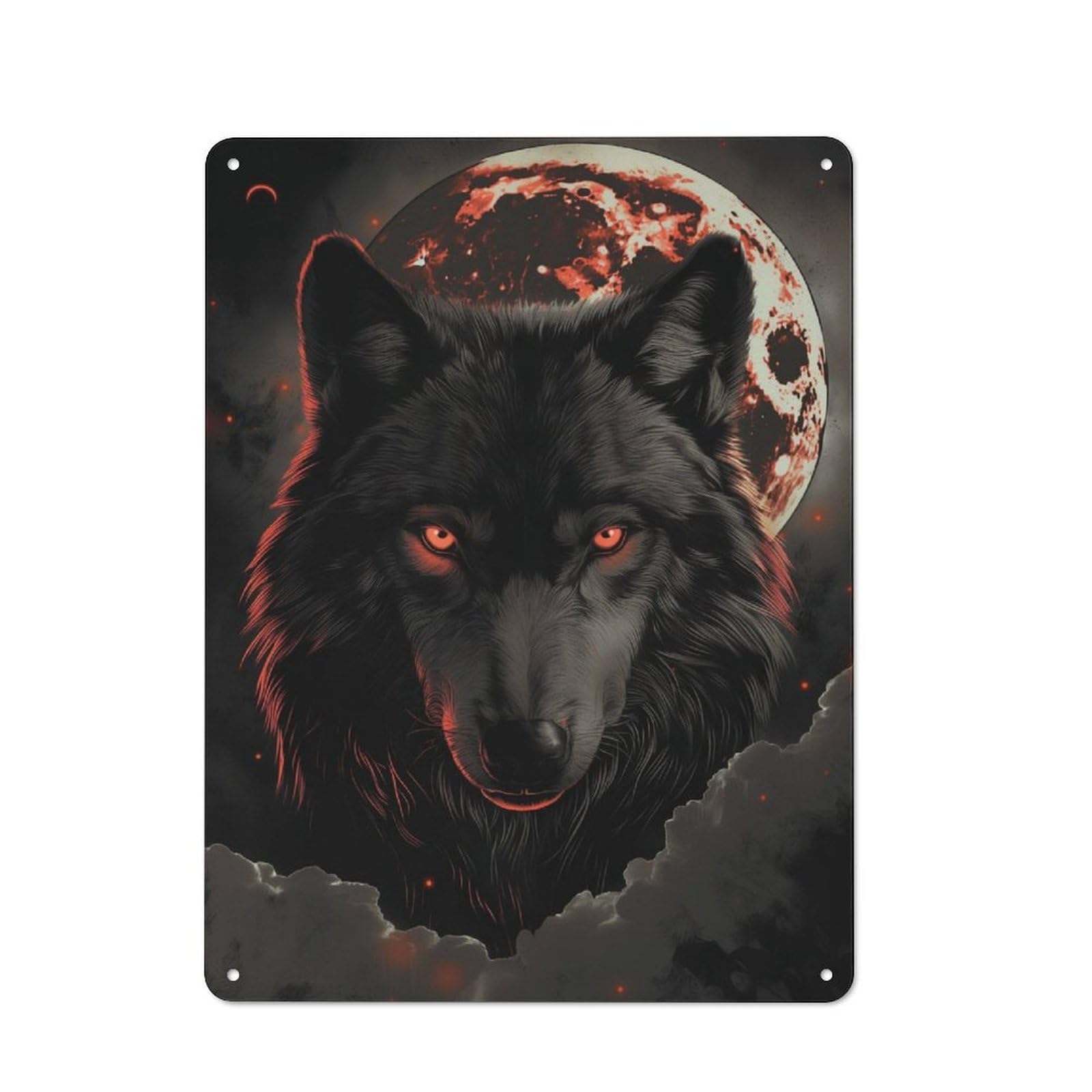 Junmoney Wolf Dark Moon Red Clouds Retro Metal Plaque 40X30cm For Lounge Or Reading Corner, Suited To Lounge Decor Fans