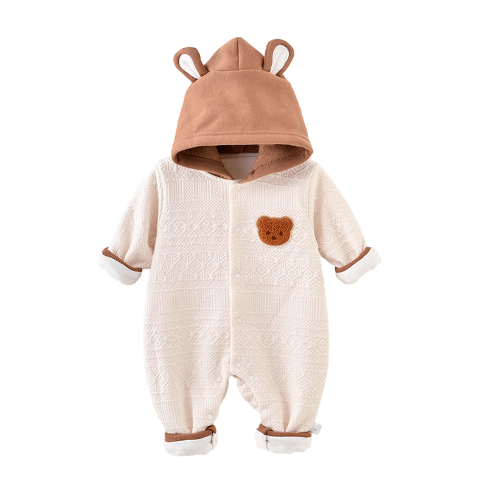 Upriver Infant and Child with Bear Ears Double Layers One-piece Hooded Crawling Suit, 1-14 Months Newborn Warm Outfit (80(7-10))