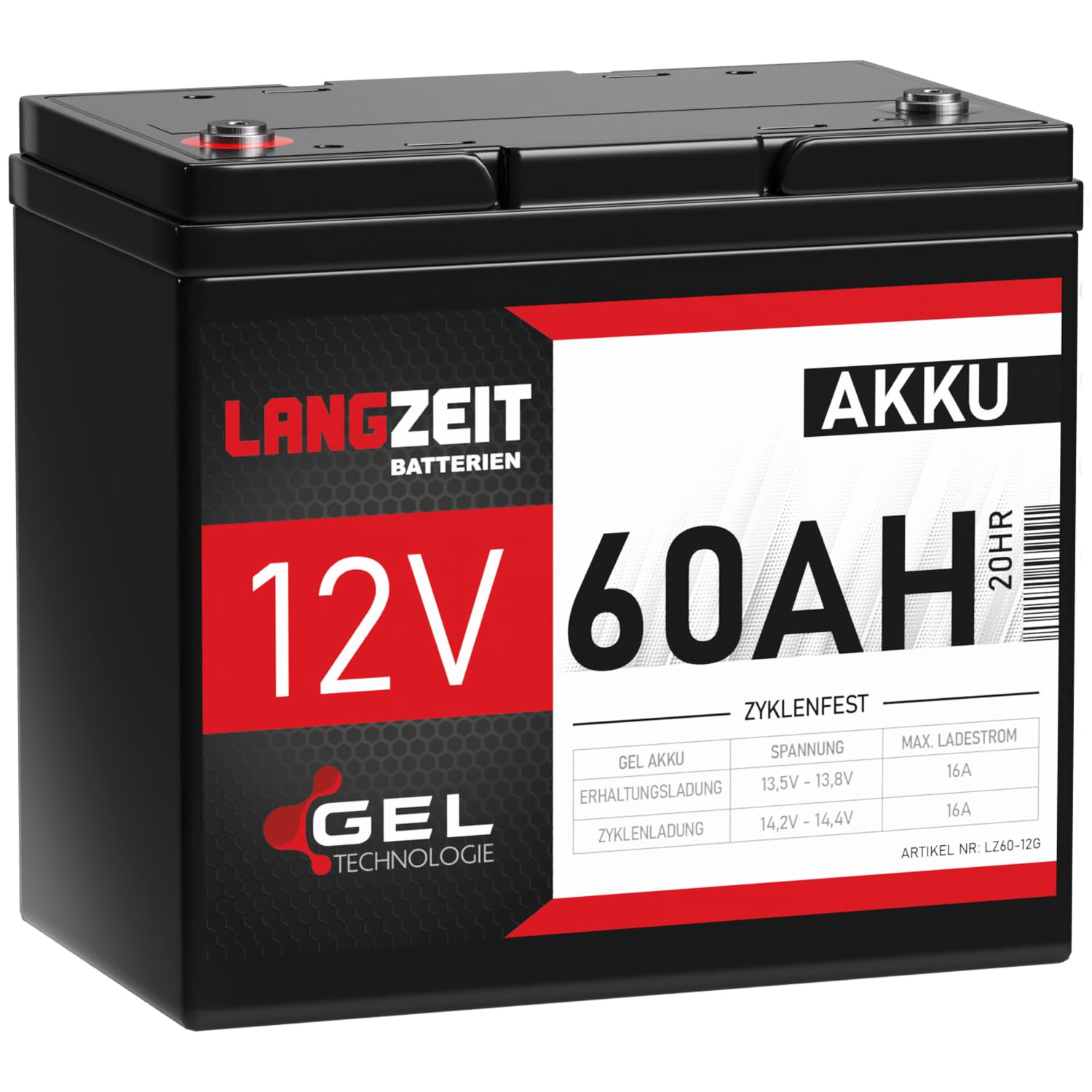 LANGZEIT Akku 12V 60Ah Gel Batterie Blei-Akku Solar USV ersetzt 50Ah 55Ah