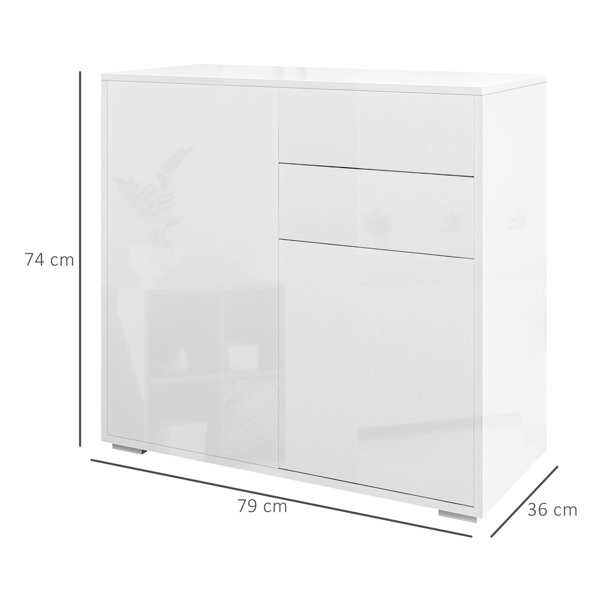 HOMCOM Meuble de Rangement Buffet Commode 79 x 36 x 74 cm Blanc Brillant | Armoire de Rangement, 2 Tiroirs, 2 Placards à Portes, Étagères Réglables, Salon, Chambre, Cuisine