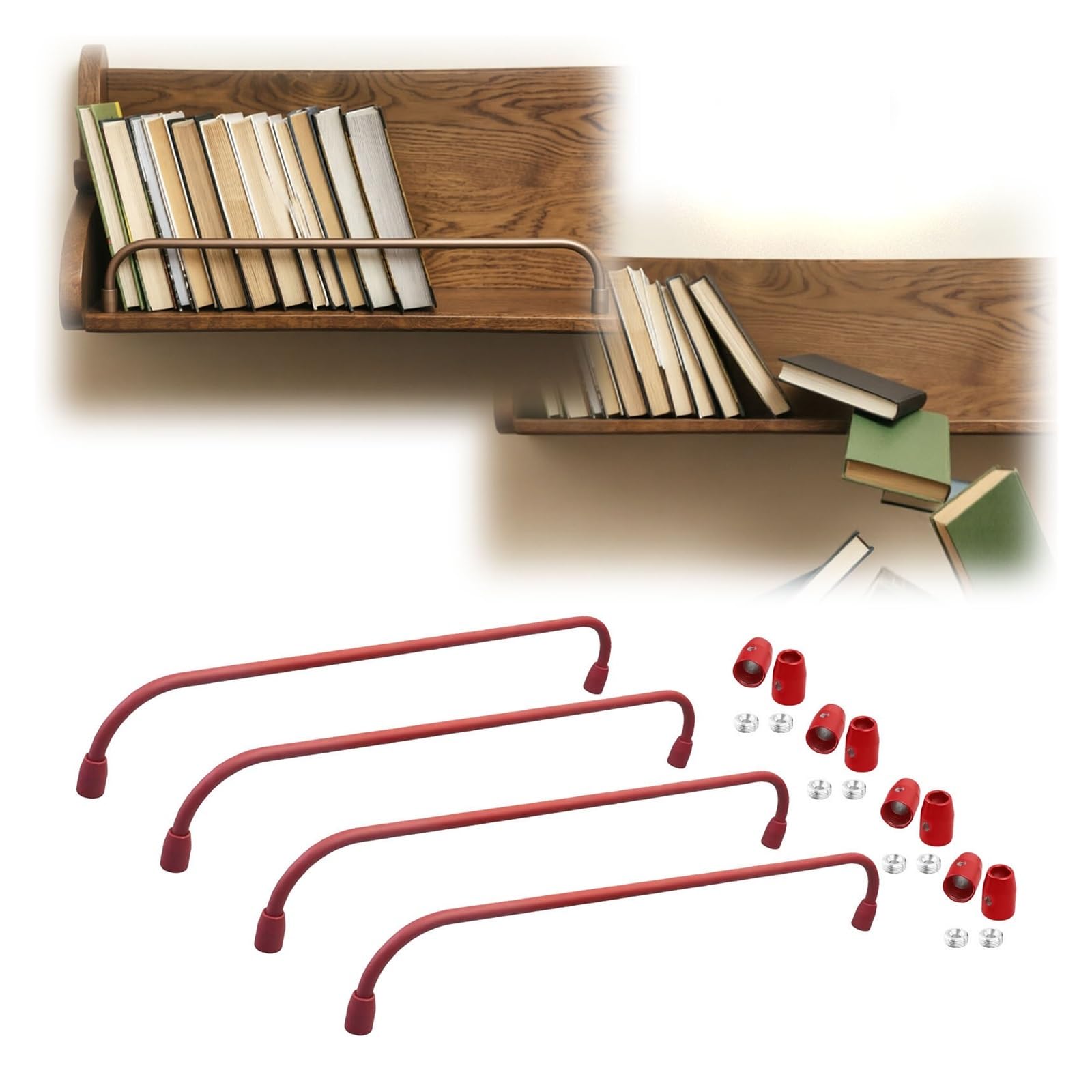 Black Bookshelf Anti Fall Metal Guardrail Bars Kit, Wooden Cabinet Tipping Rail for Study Rooms/Hallways/Wardrobes Customizable(Red,17in/43cm)