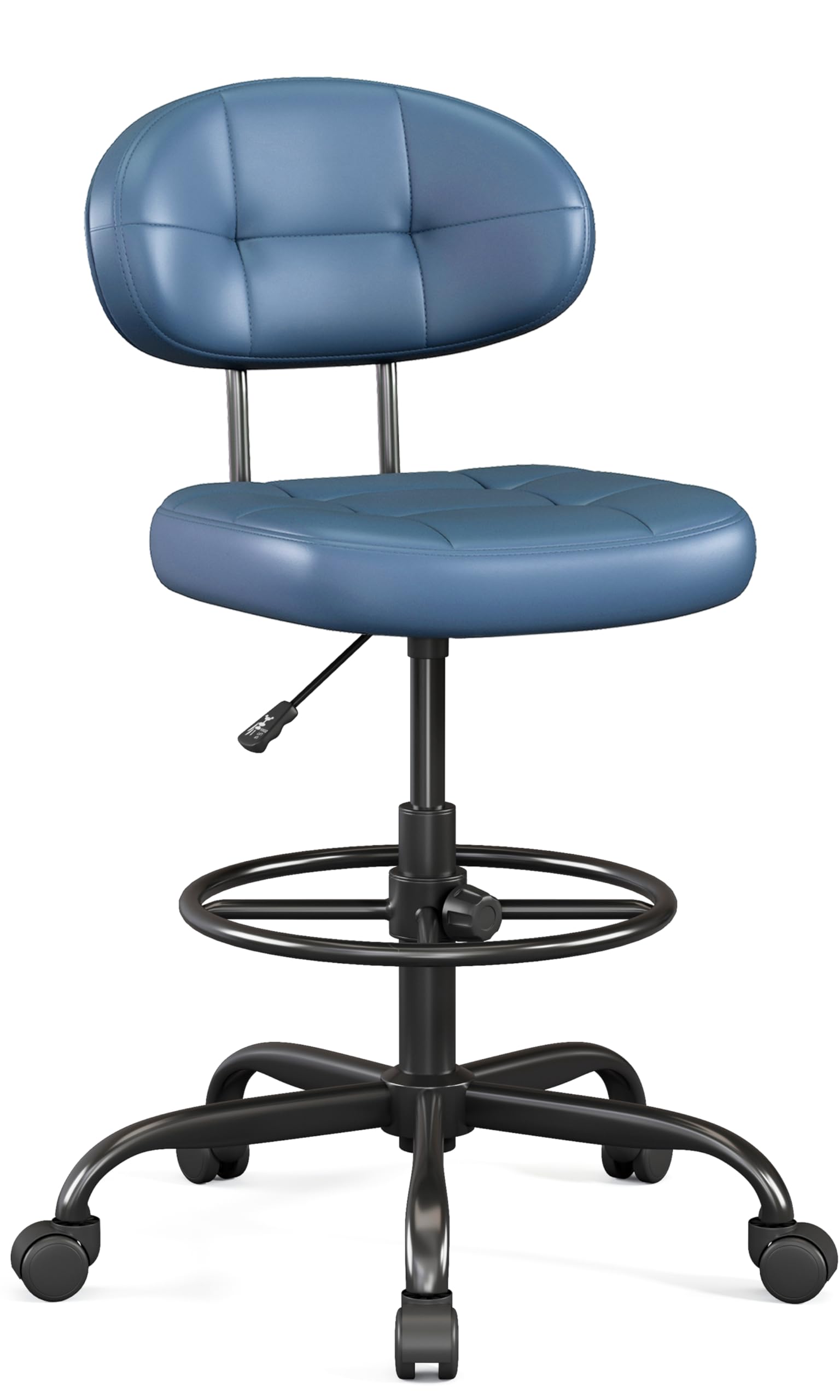 Misolant Drafting Chair Without Arms, Tall Office Chair with Footrest Ring for Standing Desk, Small Faux Leather Executive Chair with Adjustable Height for Bar Lab Counter Height Desk, Navy Blue