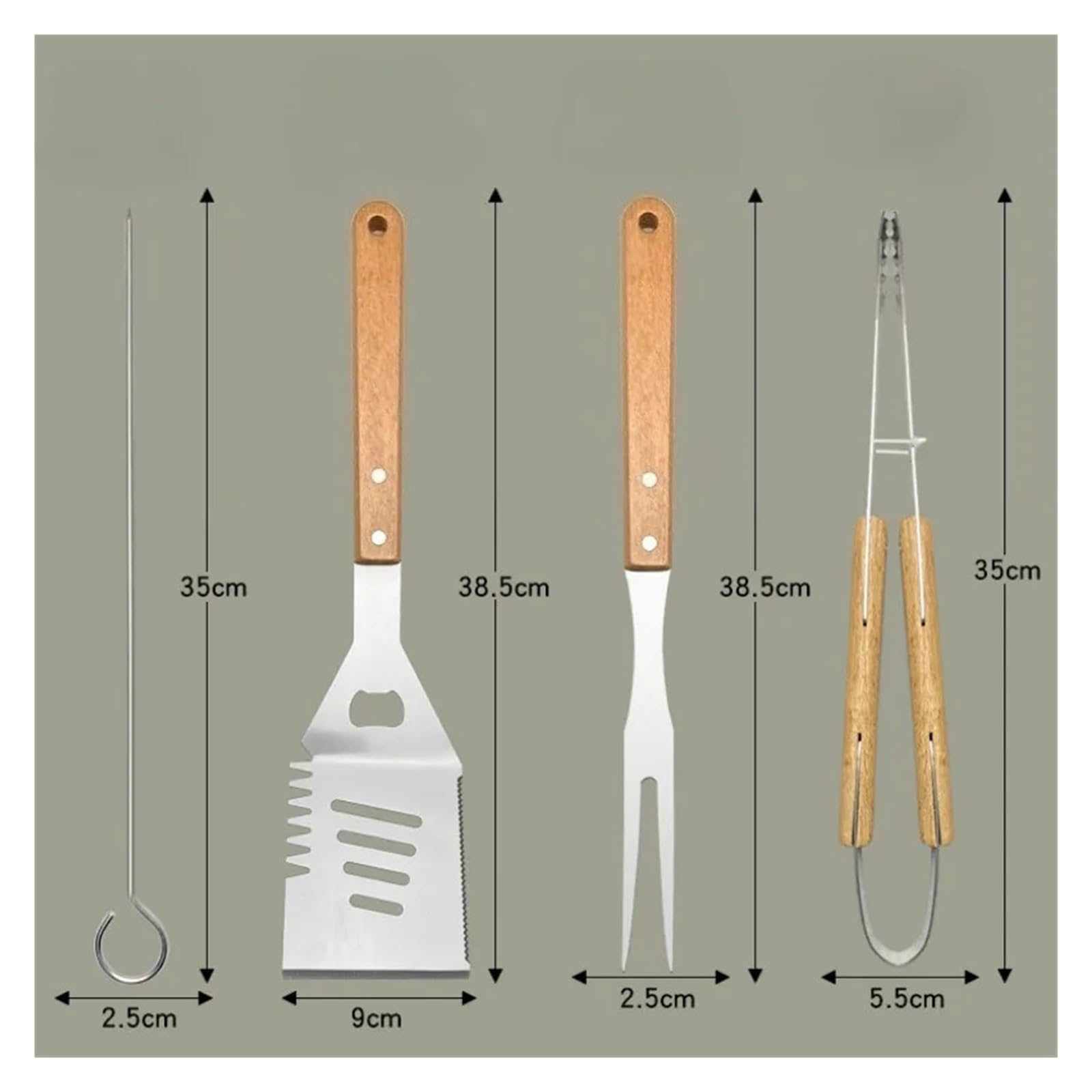 Ensemble combiné d'outils de Barbecue Camping en Plein air, Manche Bois, Fourchette, Pelle, Pince, Accessoires BBQ, Cuisson Acier Inoxydable(16pcs B2)