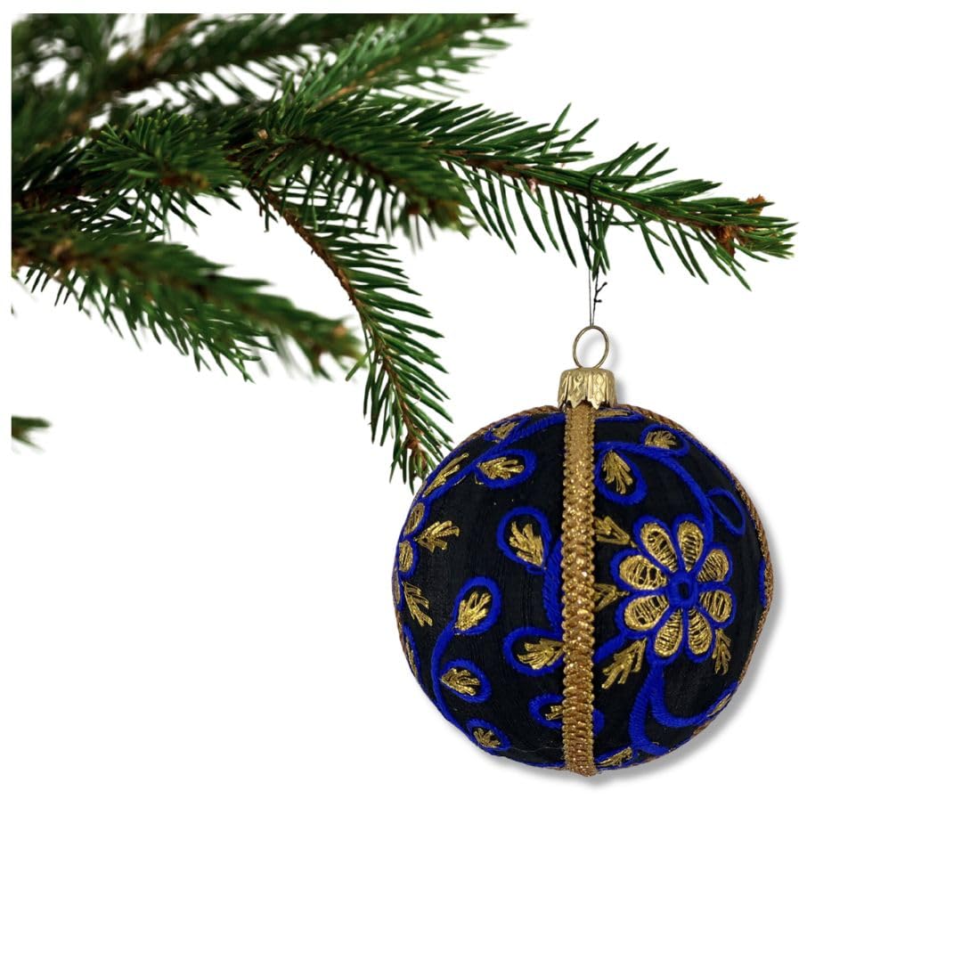 Marisha Mistry Black With Blue & Purple Floral Embroidery Ishana Bauble – Black With Purple & Gold Embroidery | 8 Cm | Luxury Handmade Fabric Ornament | Sustainable Home Décor | Elegant Gifting & Event Styling | Uk Artisan Made