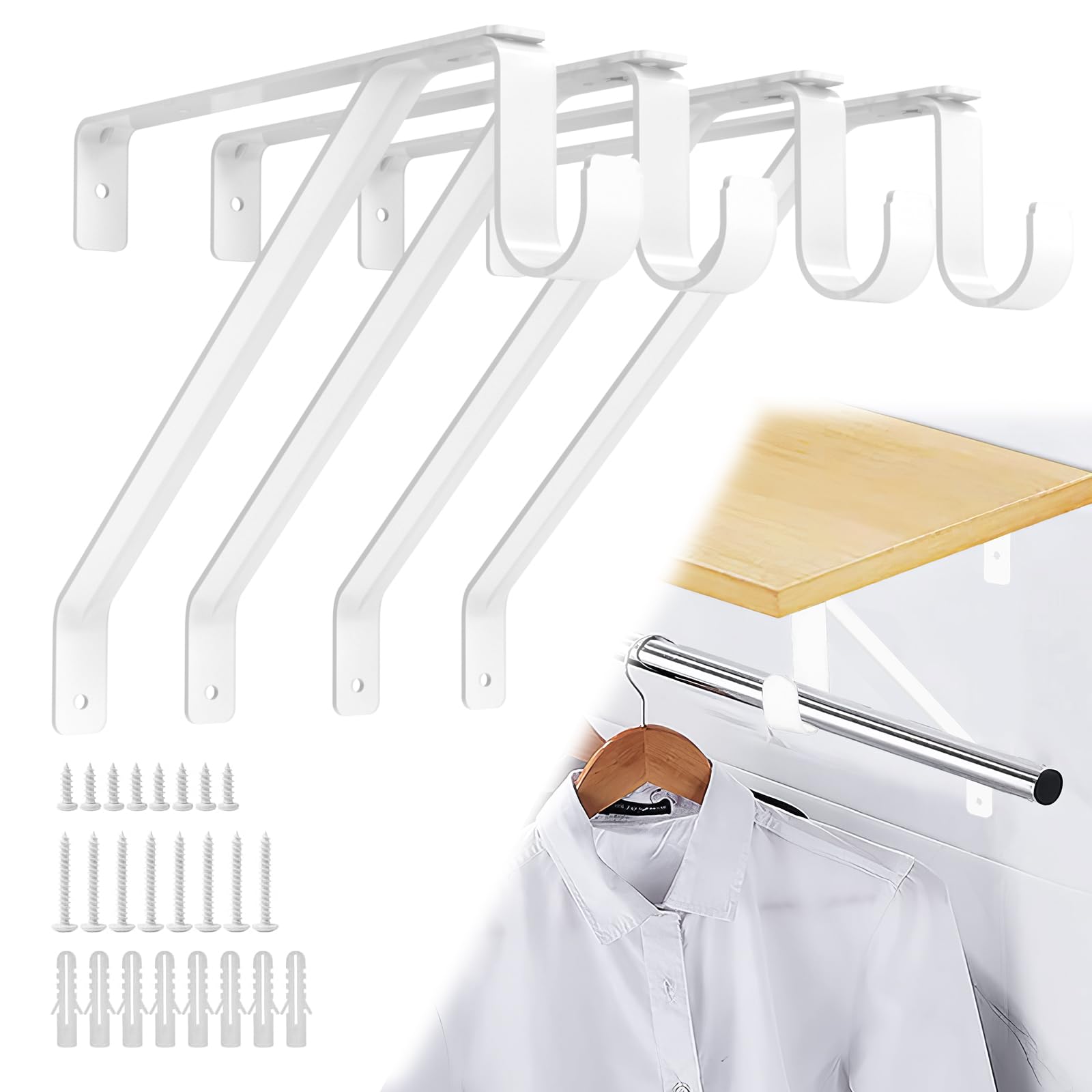 Pisman 10 Inch Heavy Duty Closet Rod Bracket Adjustable 4-Pack, Closet Rod Support with Shelf Bracket and Rod Holders - White Steel Clothes Hanger for