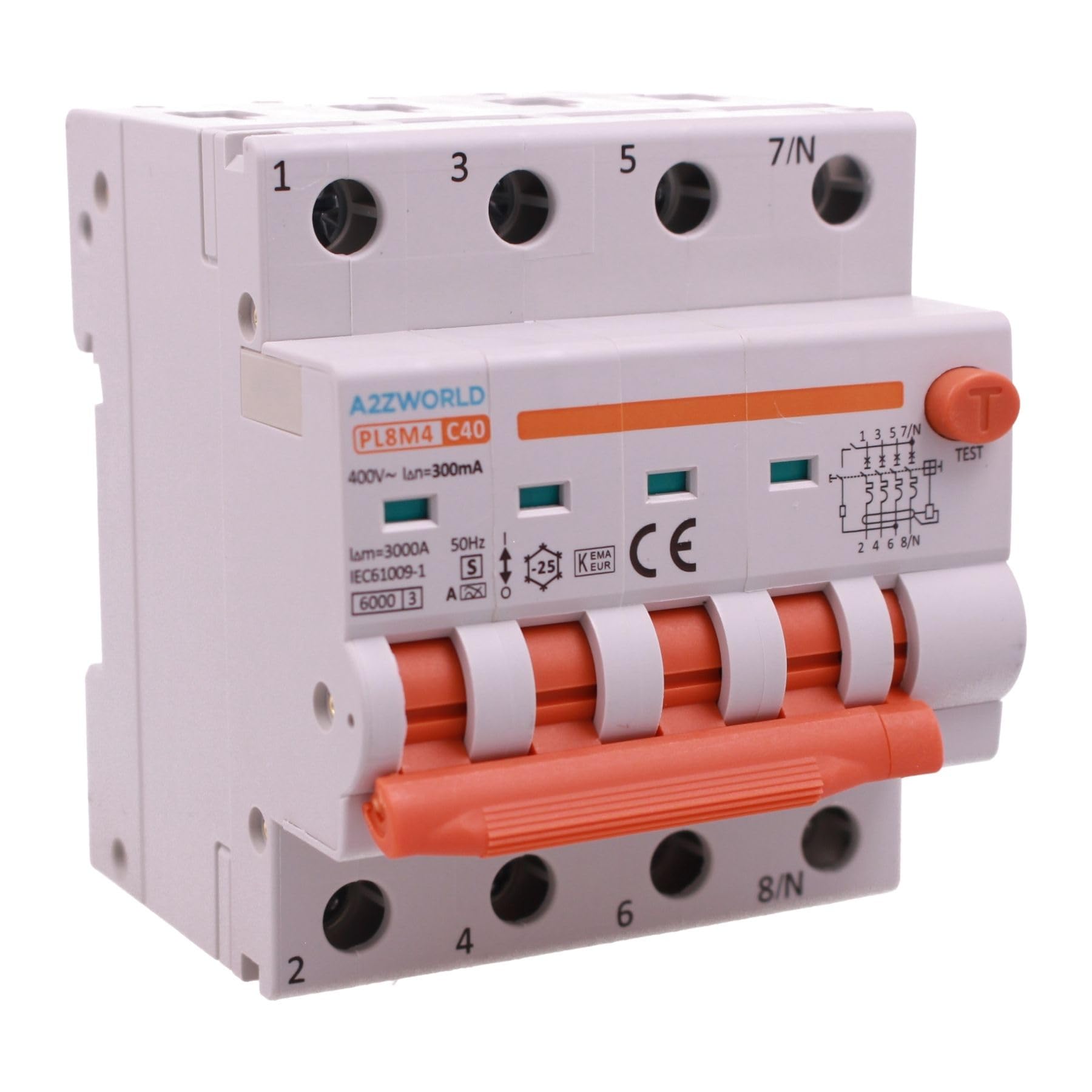 RCBO Selectivo Trifásico 4P Veri, Tipo A(S) 300 mA 40 A C40, Interruptor Magnetotérmico Diferencial Tipo S Clase A Curva C 6kA, Retardo 500 ms, 4 Módulos DIN 380 V AC, Doble Palanca y Diagnóstico