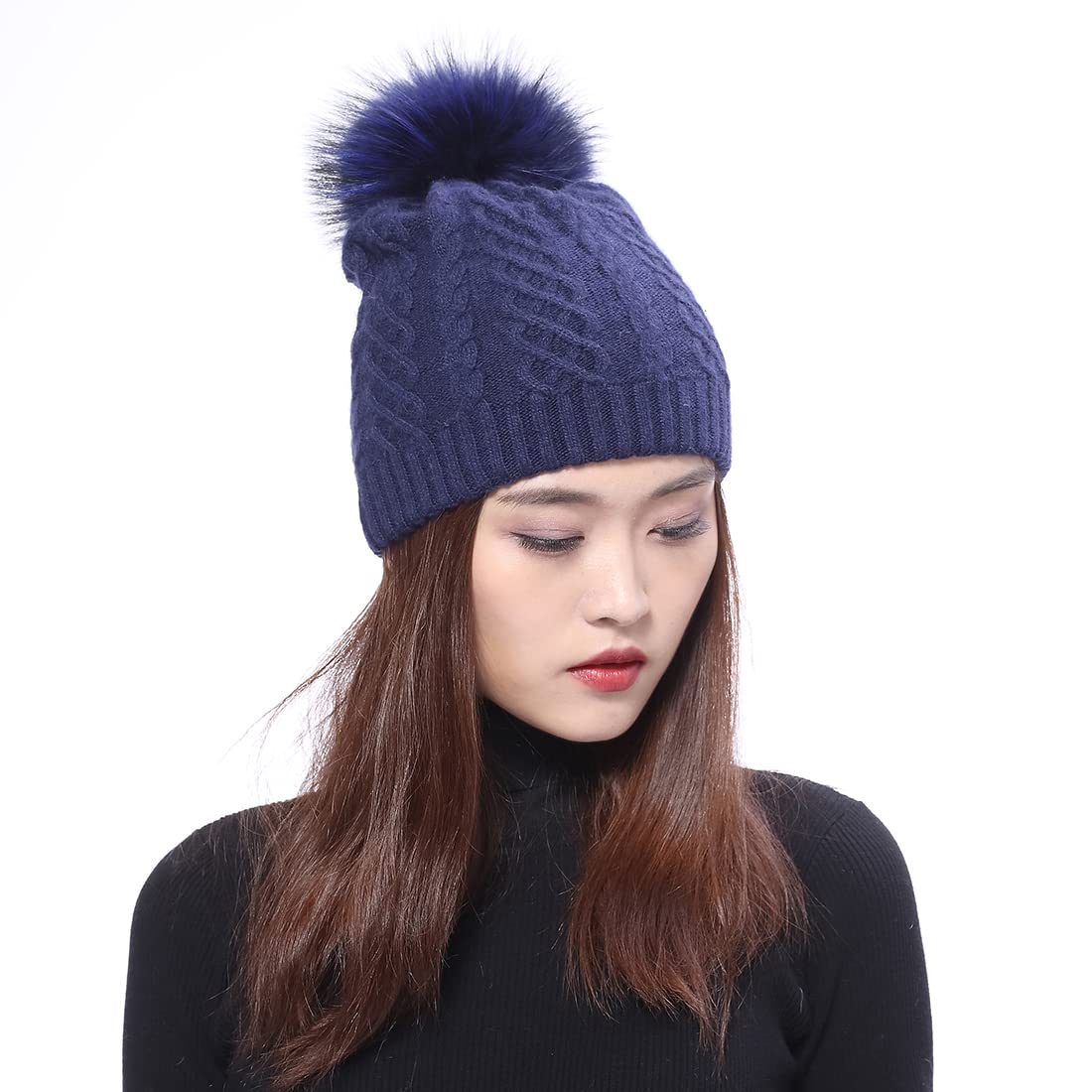 BeFur Bonnet tricoté pour femme d'hiver doux et élastique avec pompon renard, Blanc., Taille unique