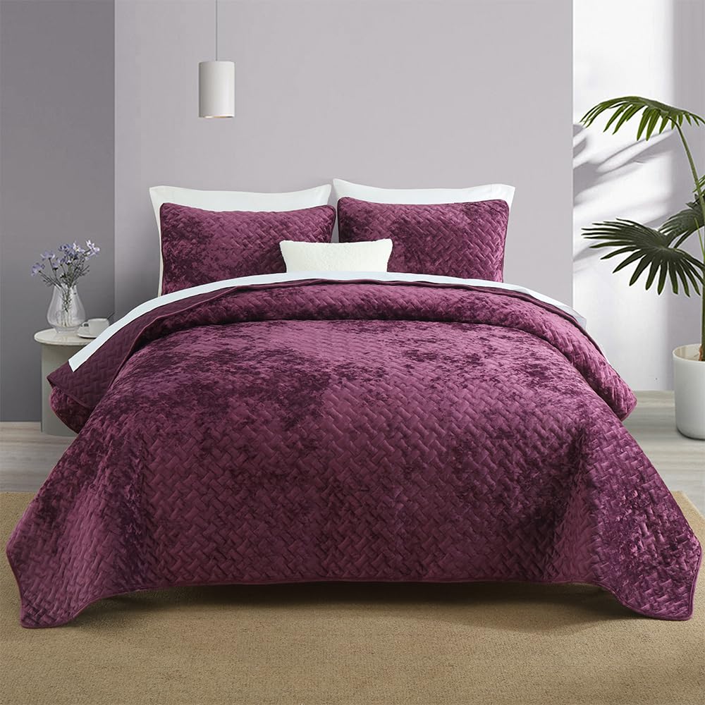 Liians Velvet Bedspread Quilt Bedding Sets,Luxury Elegant Ultra Soft Velvet Comforters Coverlet Blankets,Weave Stitching Pattern Cotton Quilted