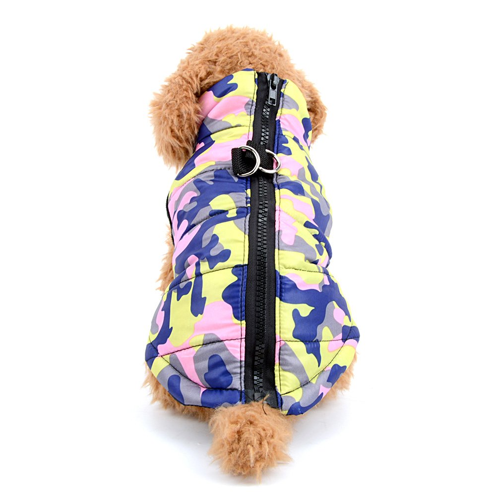 Ranphy Small Dog Camo Jacket with D-ring Pet Winter Cotton-padded Coat Water-resistant Puppy Vest Harness Chihuahua Clothes with Harness Hole Pink Size M
