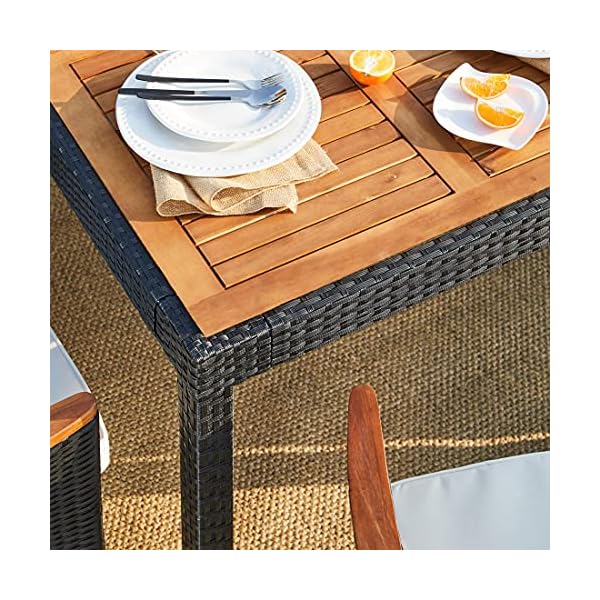 Poly Rattan Garden Furniture Dining Table Set Patio Rectangular Black 4 Seater Outdoor Wooden Plate Conservatory - Image 4