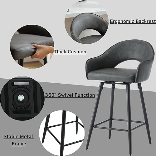 Miniatura 4 de Juego de 2 taburetes de bar giratorios modernos, de 27 pulgadas, tapizados de poliuretano, altura de mostrador, con patas de metal, respaldo hueco