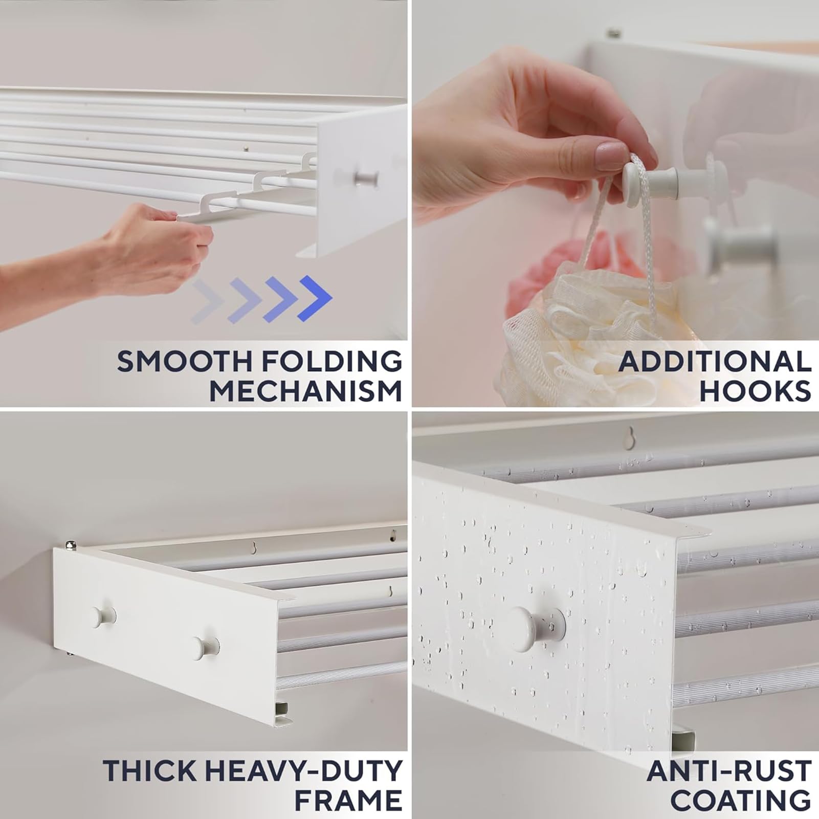 Wandmontage Wäschetrockner Klappbar, 5 Aluminiumstangen | Mit 4 Haken, Platzsparender Wandtrockner Für Badezimmer Und Balkon, Bis Zu 60 Lbs Tragkraft,