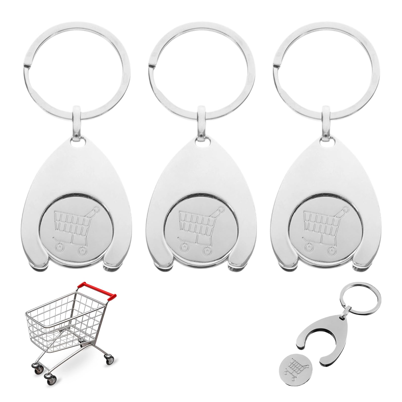 3Pcs Shopping Trolley Token, Trolley Coin Supermarket Tokens, Metal Token UK Keyring with Detachable coin, Durable Rust-Resistant Keychain for Shopping Cart,Locker Use, Reusable Metal Token