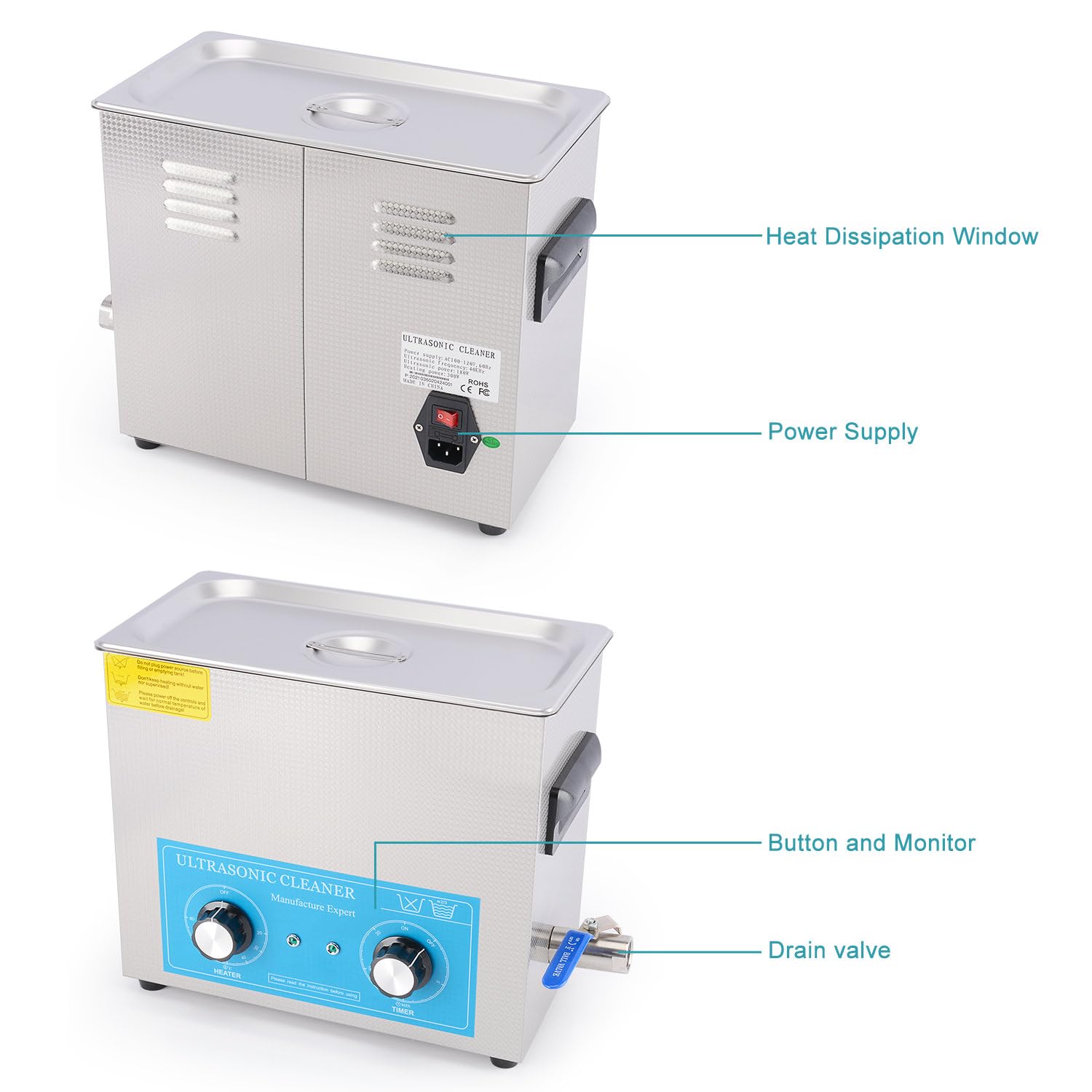 stonylab Myjka Ultradźwiękowa 6,5 L, Stal Nierdzewna 304, Mechaniczny Panel Sterowania z Ogrzewaniem i Timerem, 40kHz 220V, do Laboratorium, Czyszczenia Biżuterii, Okularów i Części