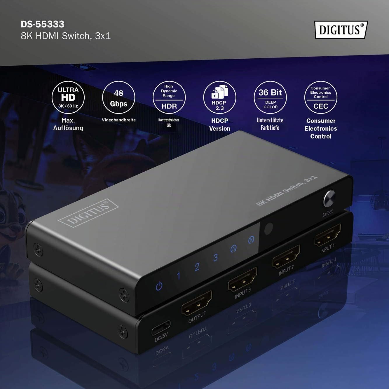 DIGITUS HDMI Switch 3x1 – 3 In 1 Out – UHD 8K 60 Hz – HDCP 2.3 & HDMI 2.1 | HDR, CEC, Deep Color, DTS, Dolby Digital, LPCM – Für TV, Monitor, Spielekonsolen