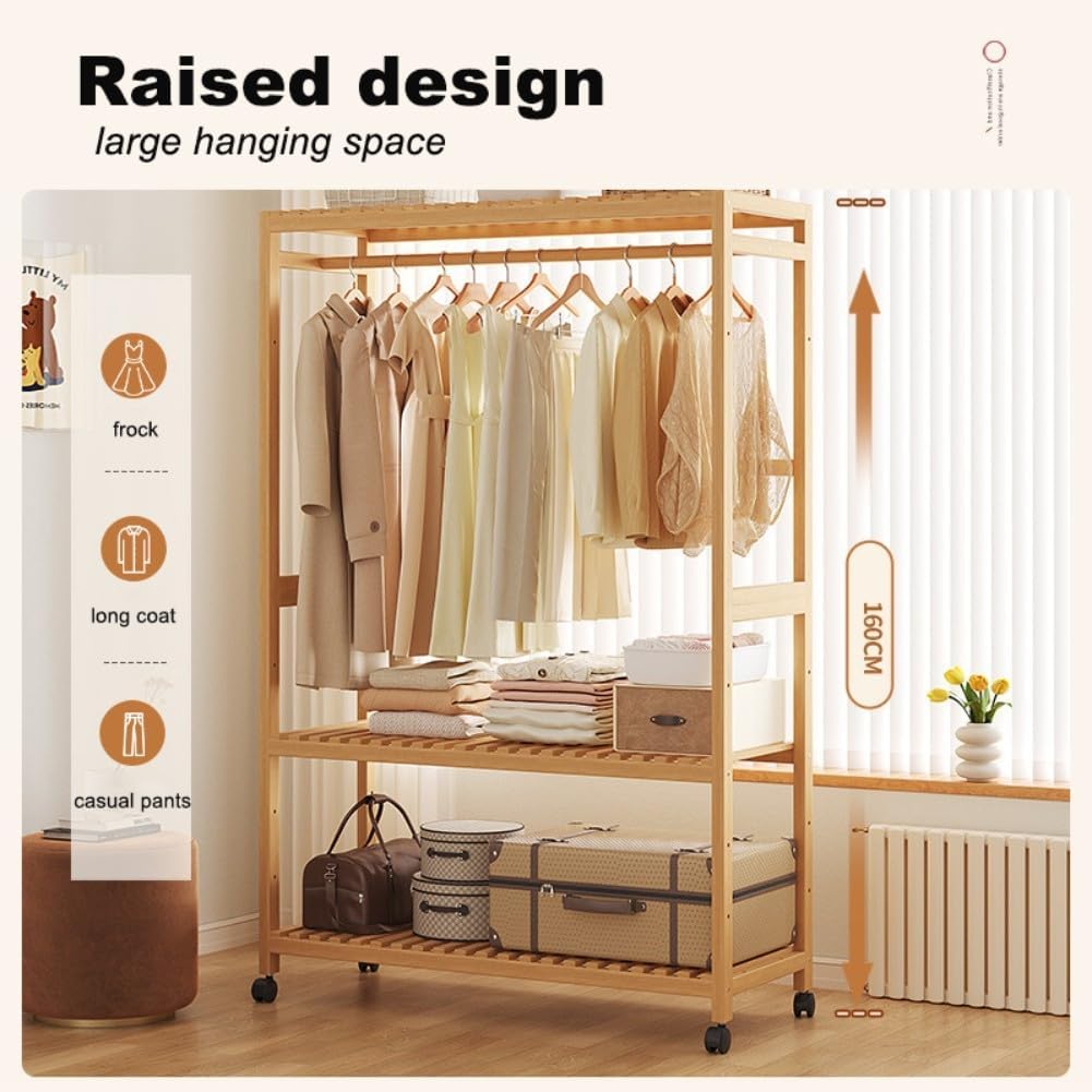 Bamboo Open Wardrobes with Wheels,Stable Clothes Rail with Rod and 2 Storage Shelves,for Hanging Clothes,Clothes Rack for Bedroom Entryway Bathroom Office,43/63/83/98 * 34 * 160cm
