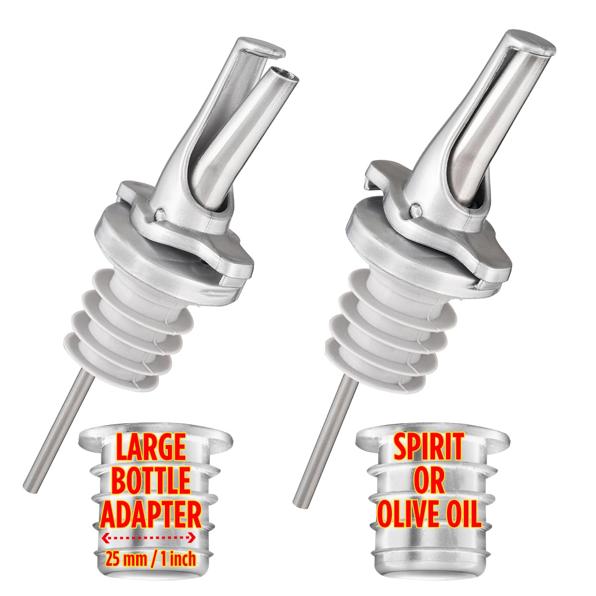 Liquor Bottle Pourers - Patented Design Pour Spouts - Open and Close for Mid Pour Shut Off - Fits Universally to Most Bottles - Meet The Standard of Bottle Pourers - Silver - 2 Pack