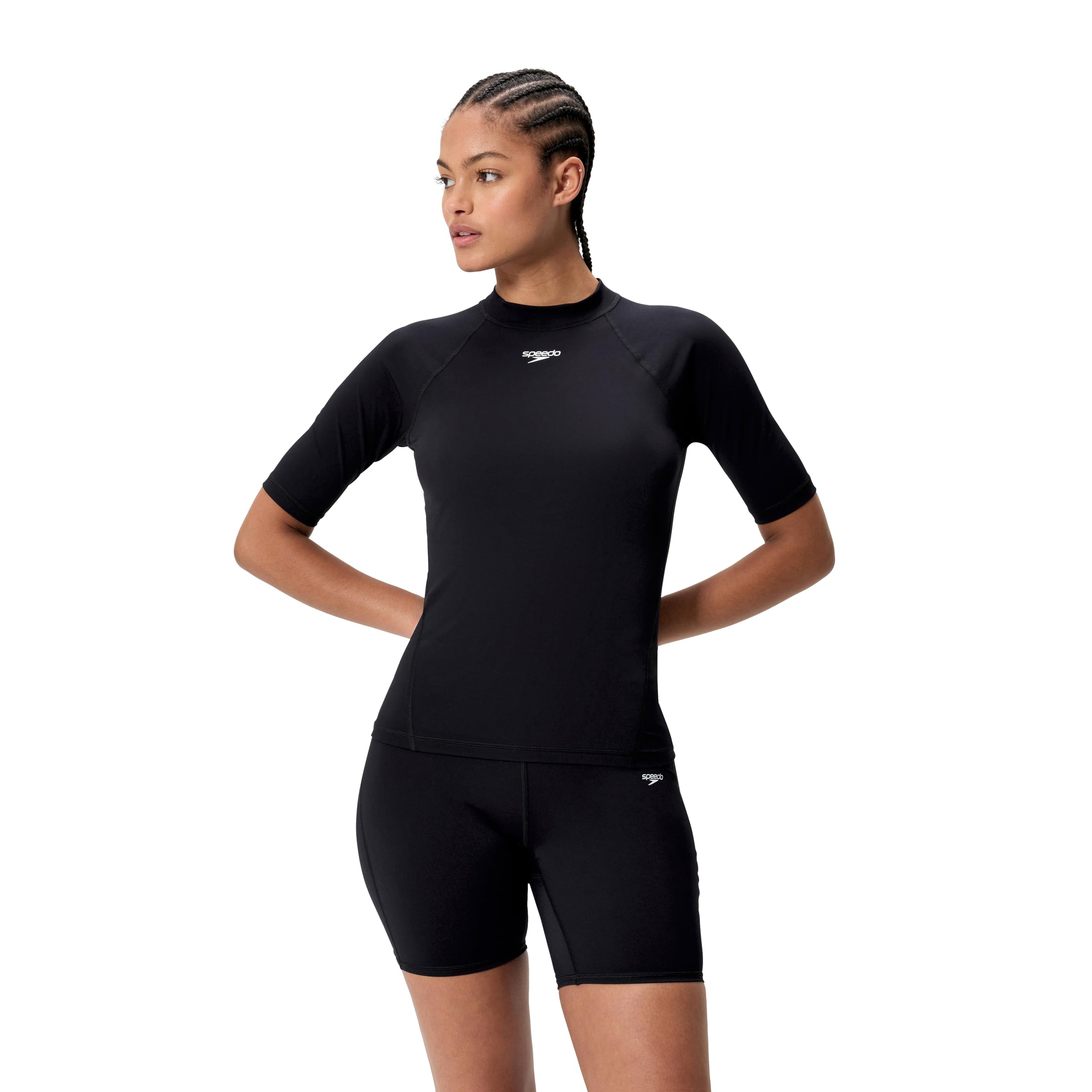Speedo Women's End+ Short Sleeve Swim Rash Guard Top, Black, XS