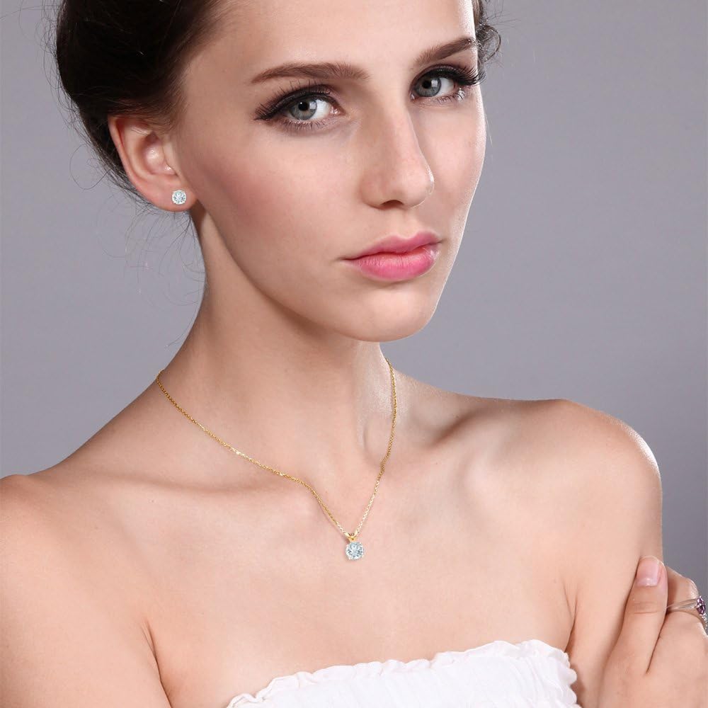 Gem Stone King 14K Yellow Gold Sky Blue Aquamarine Pendant Earrings Jewelry Set For Women | 1.20 Cttw | Gemstone March Birthstone | Round 5MM | with 18 Inch Chain - Image 2