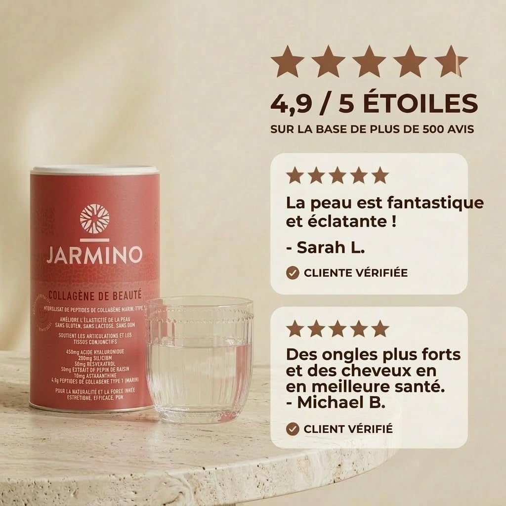 Poudre de collagène Beauty avec acide hyaluronique, vitamine C, biotine, zinc | Hydrolysat de collagène peptide type I, II et III| 450g de poudre | Collagène de JARMINO