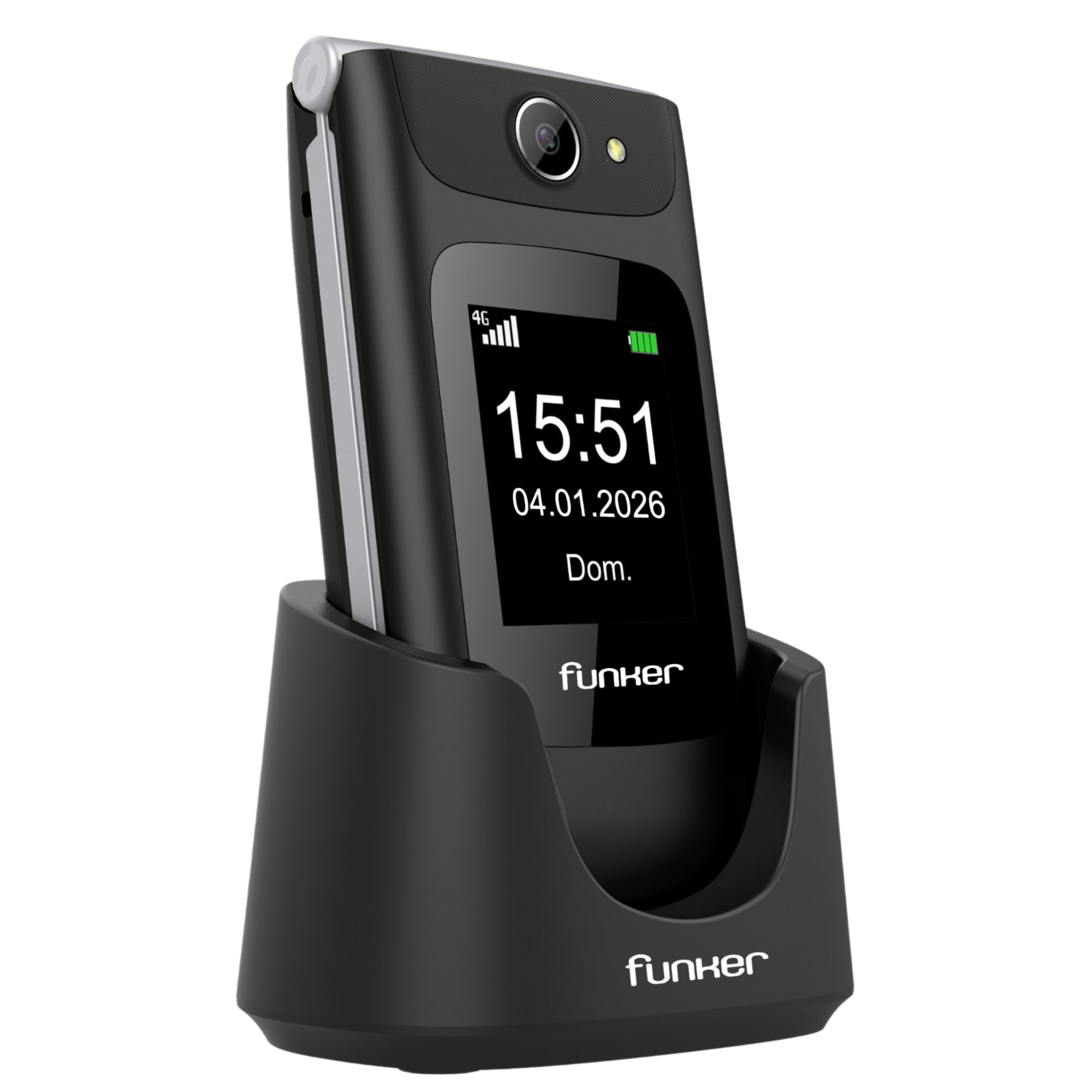 Funker C250 Comfort Power 4G - Teléfono Móvil de Tapa para Mayores, Base de Carga, Teclado de Alto Contraste, Botón SOS, Fácil de Usar, 3 Memorias Directas, Batería de 1450 mAh, Negro