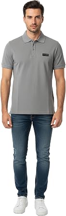 VERSACE JEANS COUTURE Ice Grey Mens Polo Shirt with Metal Logo Detail