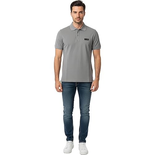 VERSACE JEANS COUTURE Ice Grey Mens Polo Shirt with Metal Logo Detail