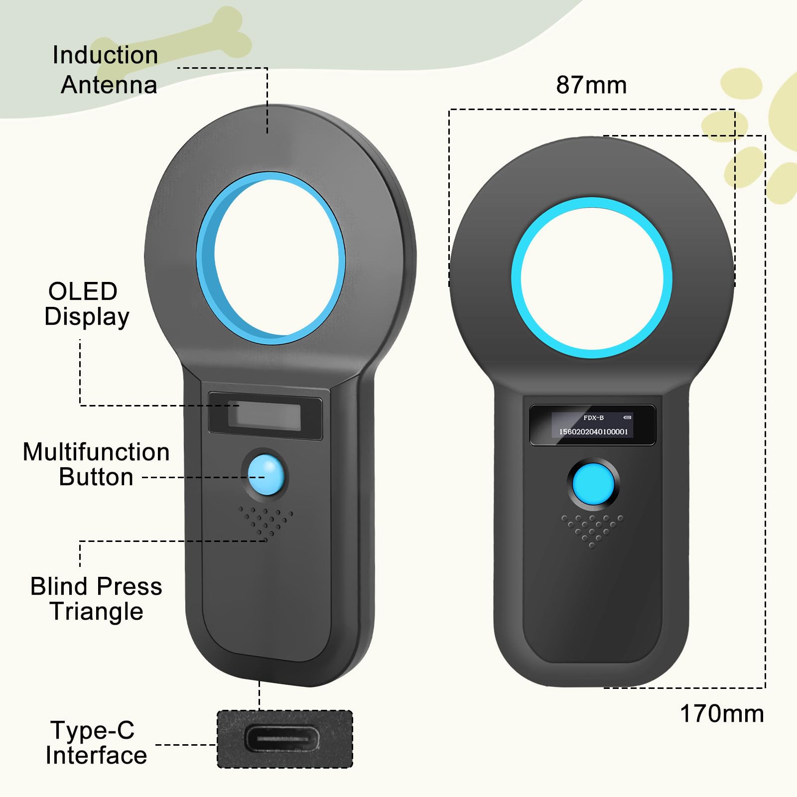 Lector de identificación de mascotas, lector de chips Bluetooth para animales, lector de microchip RFID de 134,2 kHz 125 kHz con brillo OLED indicador 128 unidades de almacenamiento de información