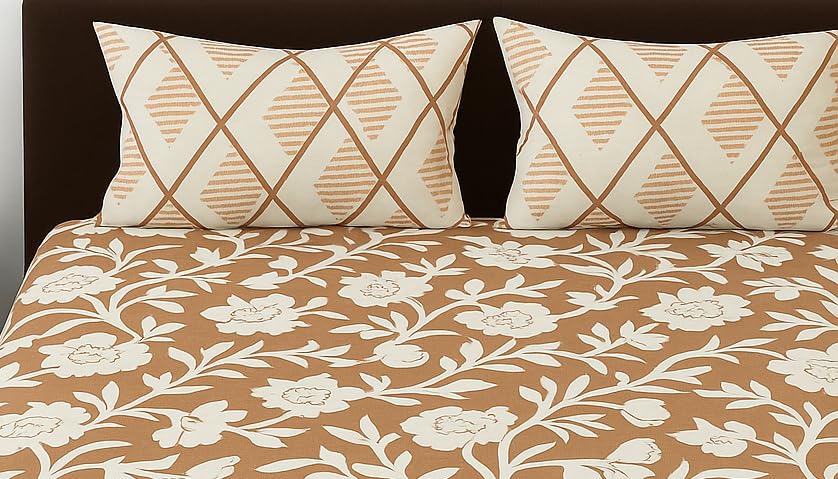 Image of Elastic Fitted Bedsheets with 2 King Size Pillow Covers | Double Bed with All Around Elastic, Size 72 x 78 x 8 Inches (Brown White Floral)