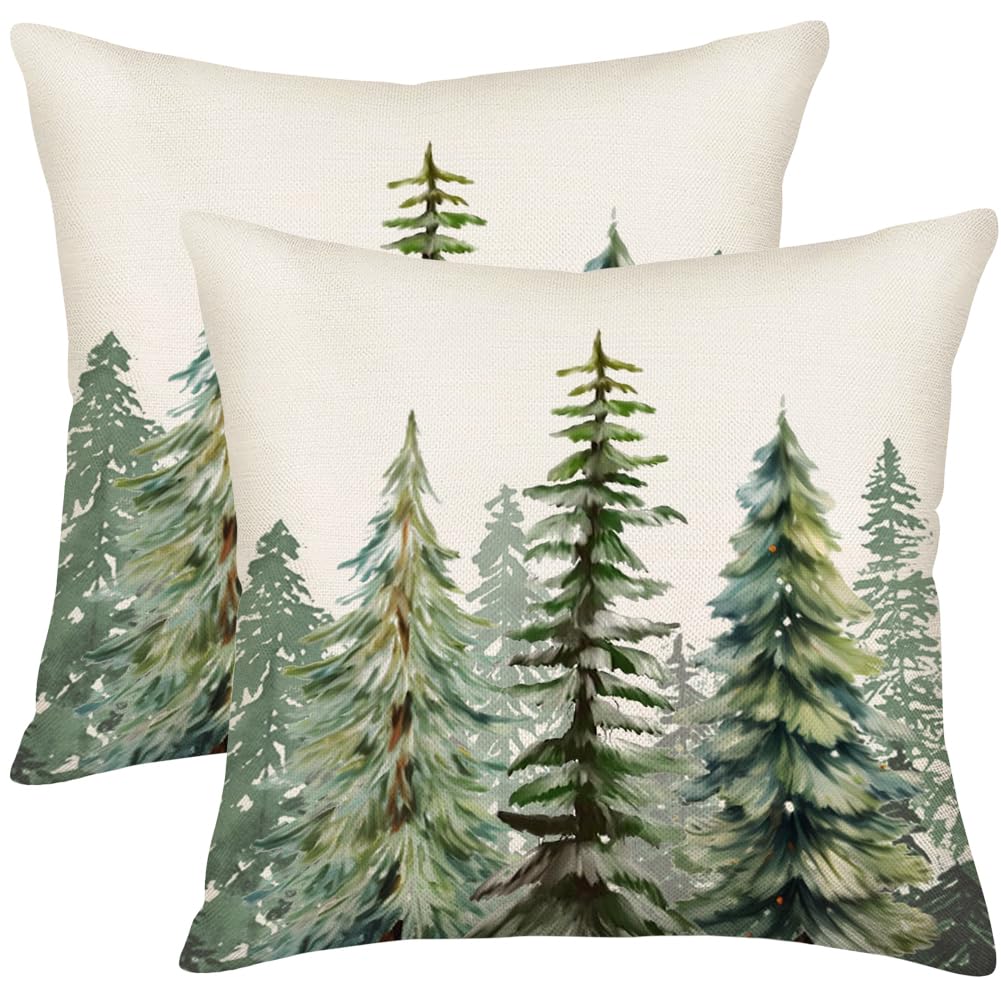 Set of 2 Watercolor Blue Green Christmas Tree Pillow Covers 18x18 Inch Farmhouse Christmas Decorations Nature Pine Tree
