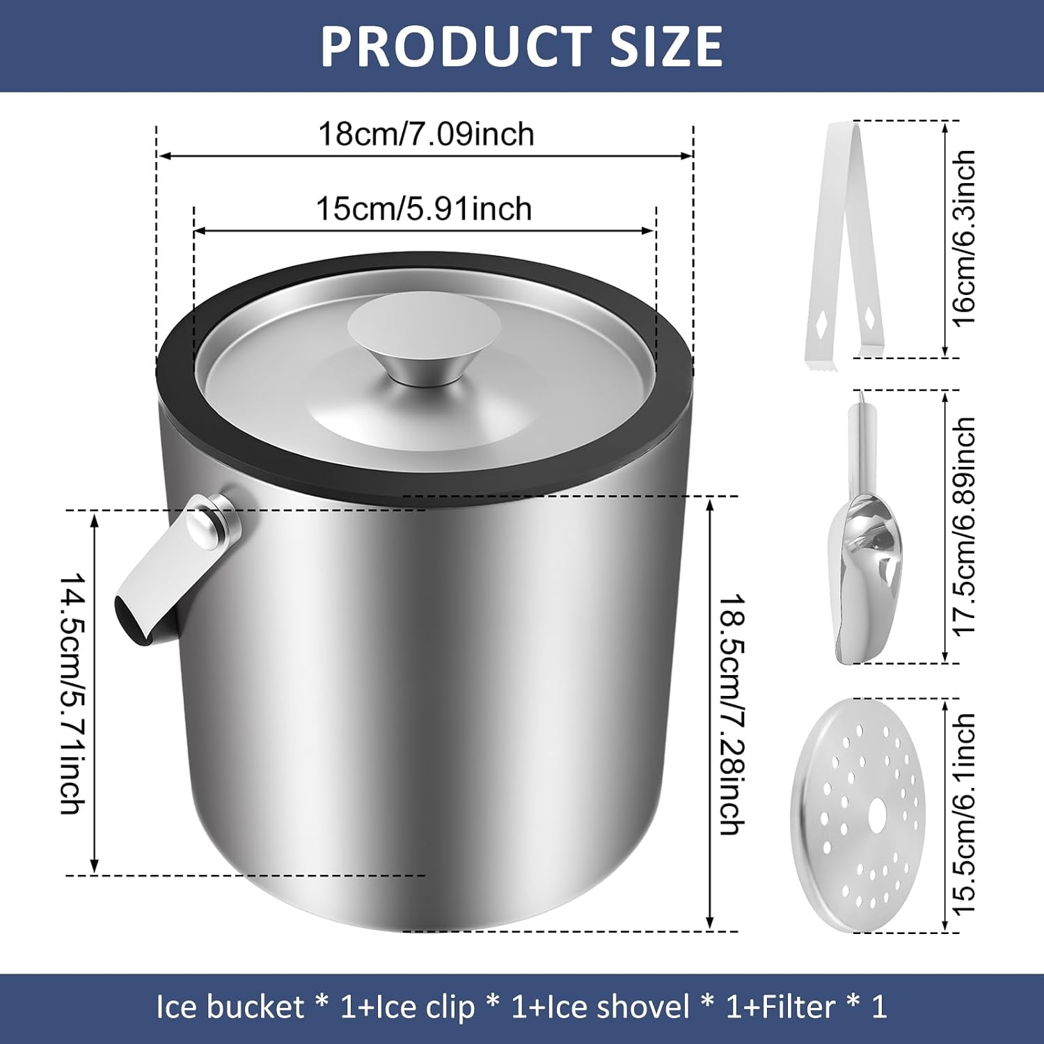 3L Ice Bucket with Lid - Double-Wall, Stainless Steel, Ergonomic Handling, Insulated Ice Bucket with Strainer, Scoop and Tongs for Home, Restaurant, Outdoor & Indoor Parties - Bar Accessories