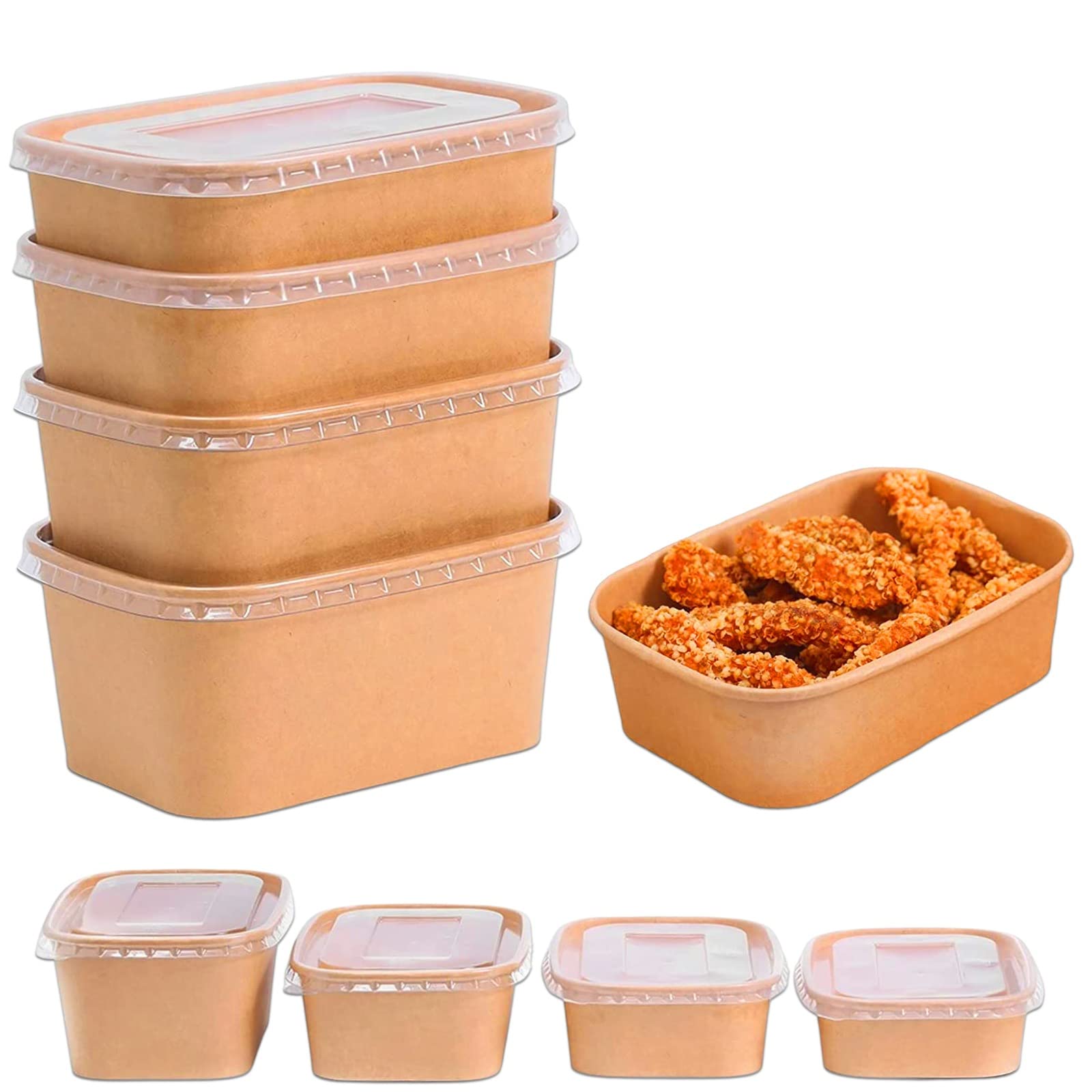 50 cuencos de papel kraft marrón para llevar con tapas, reutilizables, apilables, para almacenamiento de alimentos, sopa, ensalada, delicatessen, tapa resistente, caja reciclable de preparación de