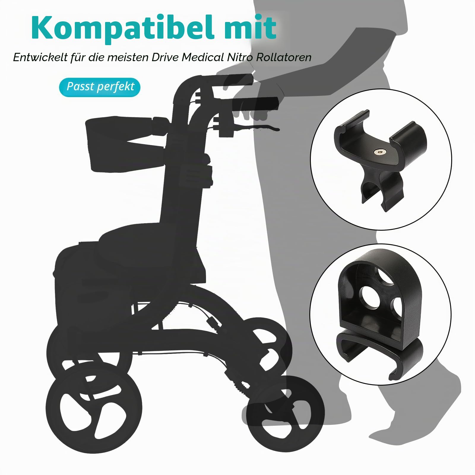 Stockhalter für Nitro-Rollatoren mit flachem Rahmen, Drive Walker Cane Holder, Verstellbare Krückenhalterung für Rollstühle, Rollatoren, Knieroller, Assistent Halterung für Stock oder Stick Benutzer,