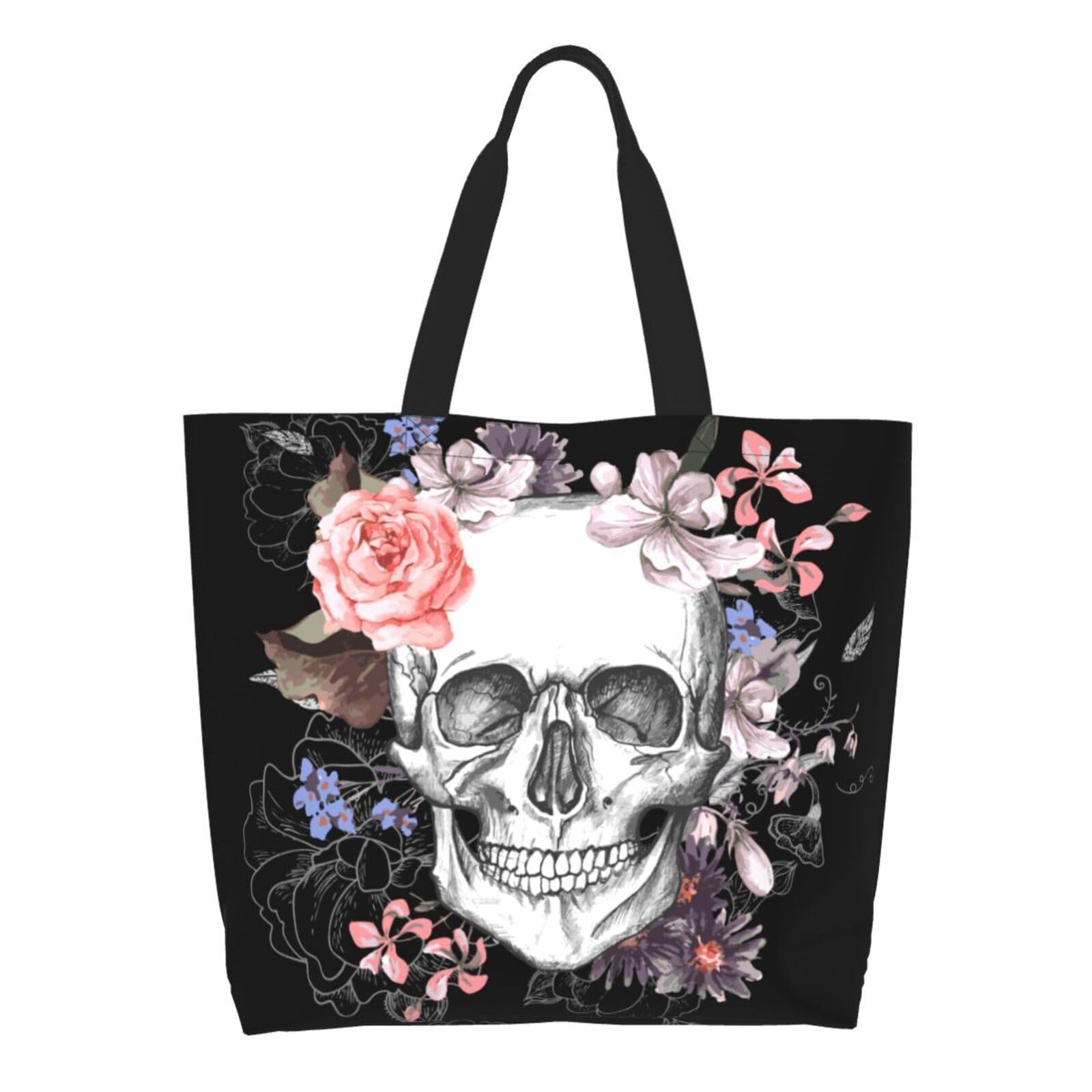 GVGOAGL Skull Rose Tote Bag For Women, Large Shoulder Bags Foldable Grocery Handbag For Travel Shopping Sport Picnic